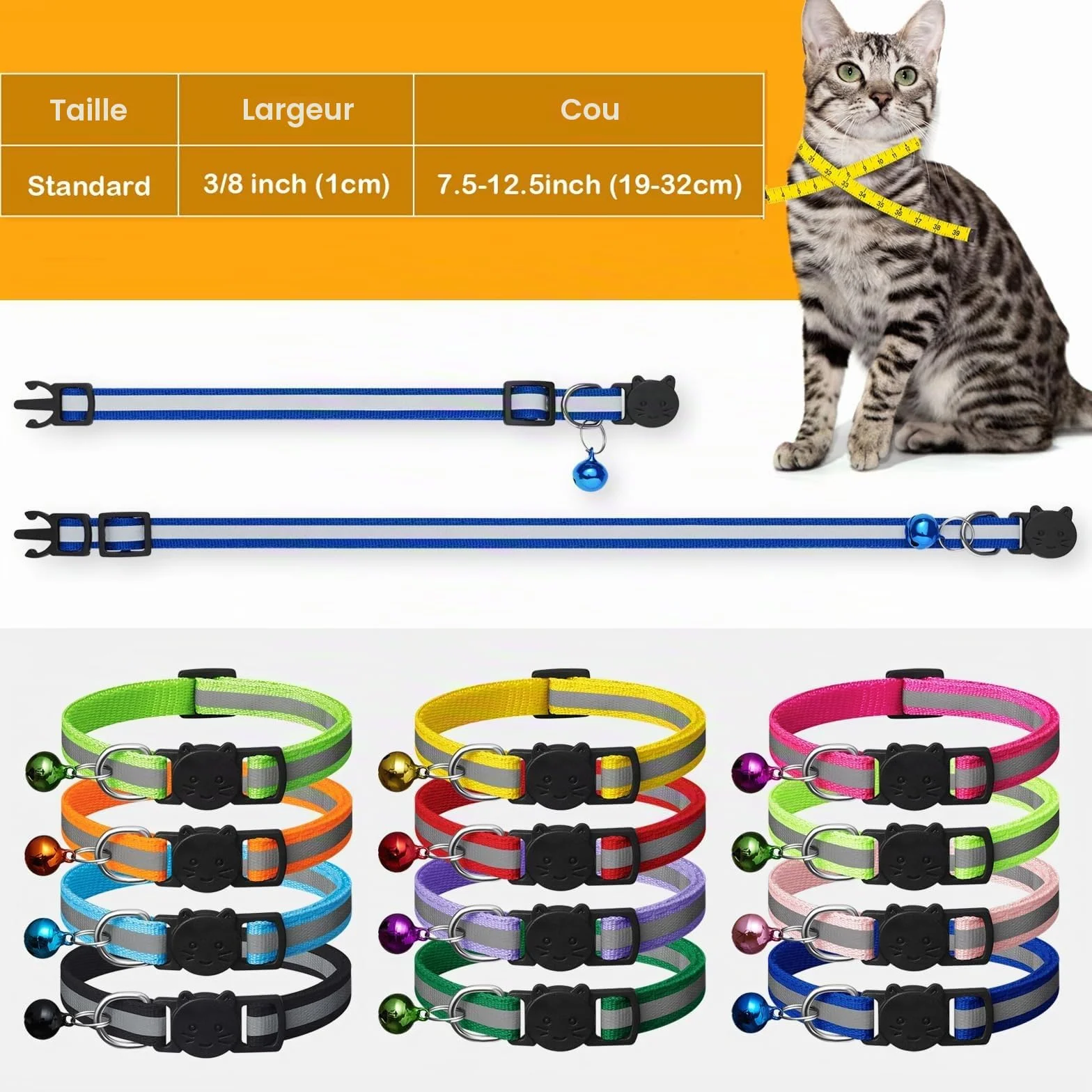 Collier Chat Réfléchissant Anti-étranglement avec Cloche, Réglable, 12 Couleurs, 2 Étiquettes Anti-Perte