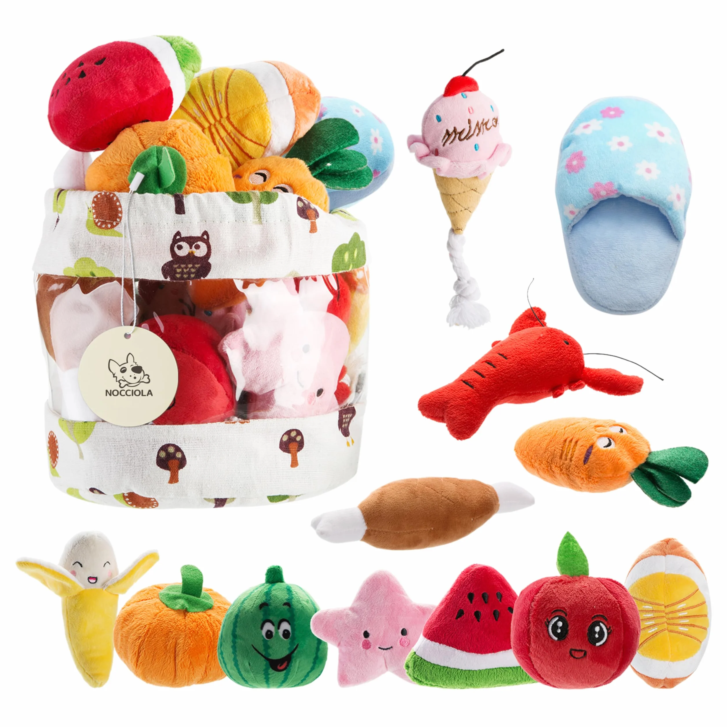 Jouets Petit Chien Couineur En Peluche 12pcs Avec Sac De Rangement, Jouets Mâcher Doux Anti-Ennui Formes Fruits Et Légumes