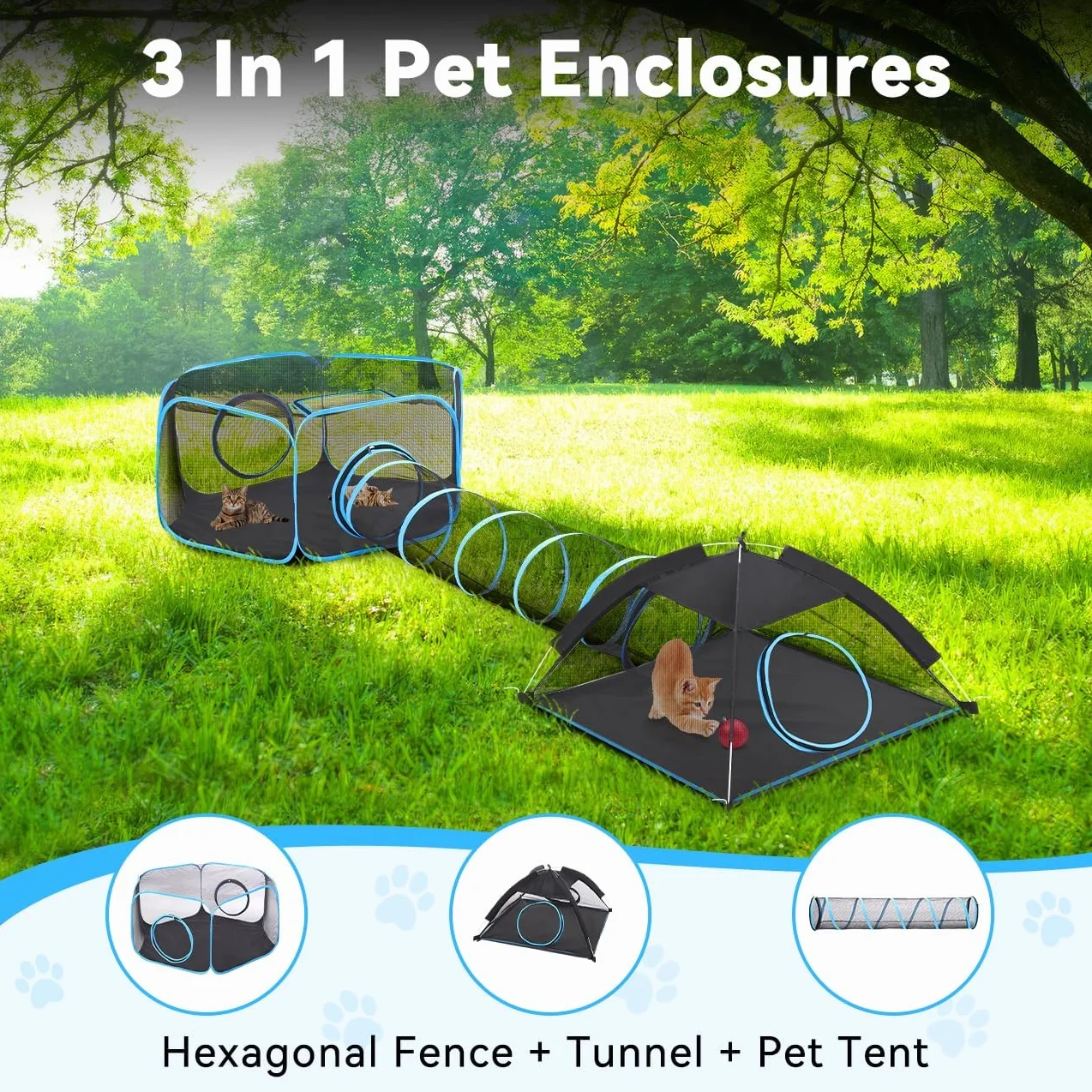 Pawaboo Parc pour Chats 3 en 1 Enclos Portable Pliable Bleu Clair Noir