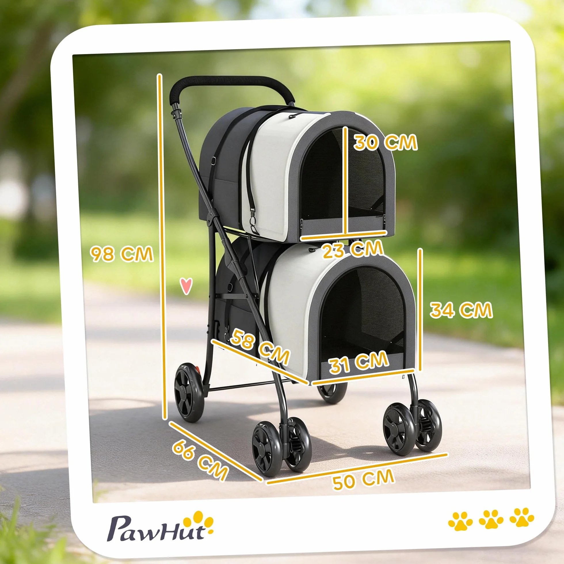 PawHut Chariot double pour chiens et chats Poussette pliable pour animaux de compagnie avec 2 paniers amovibles Ceinture de sécurité Poches latérales et 2 coussins Charge maximale 10 kg 66 x 50 x 98