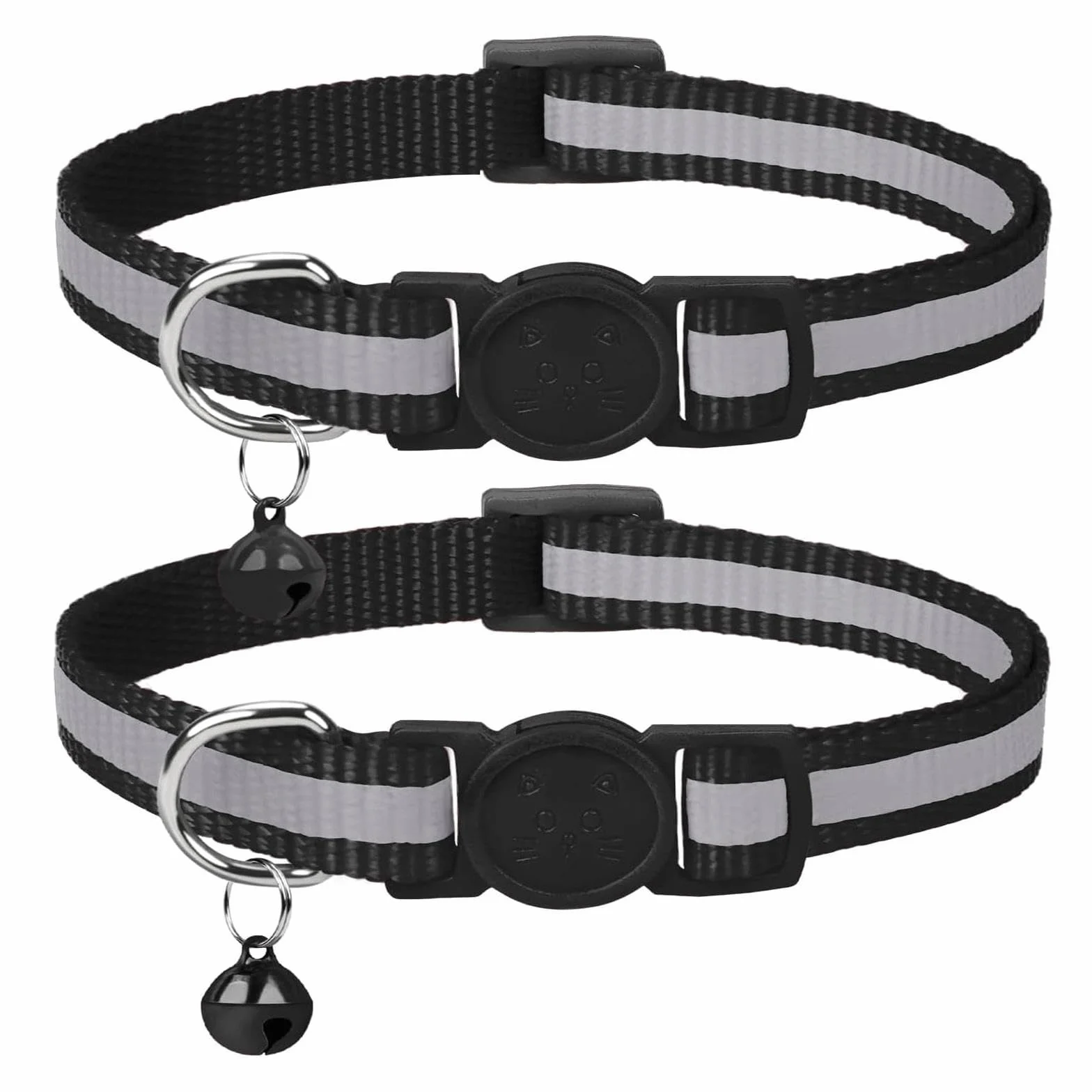 Collier Chat Anti-étranglement Réfléchissant 2 Pièces, Noir, Réglable 19-32cm