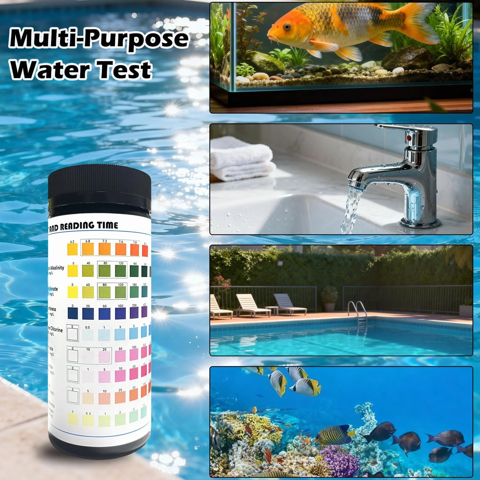 9 en 1 Test d'eau pour Aquarium, 100 Bandelettes de Test Eau pour PH, Alcalinité Totale, Dureté, Carbonatée, Nitrite, Nitrate, Chlore Fer et Ammoniac, Accessoire pour Bassins
