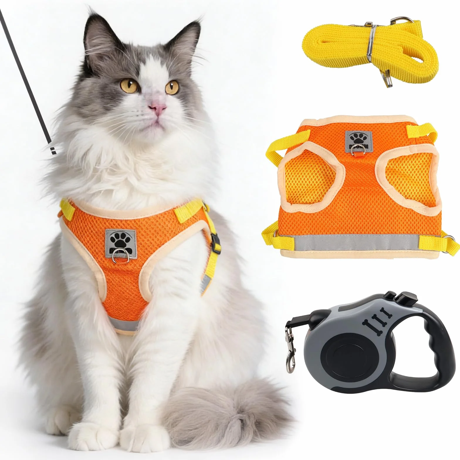 Harnais Chat Anti Évasion avec Laisse, Bandes Réfléchissantes, Laisse Automatique 5m, Réglable (Orange-Jaune, Taille M)