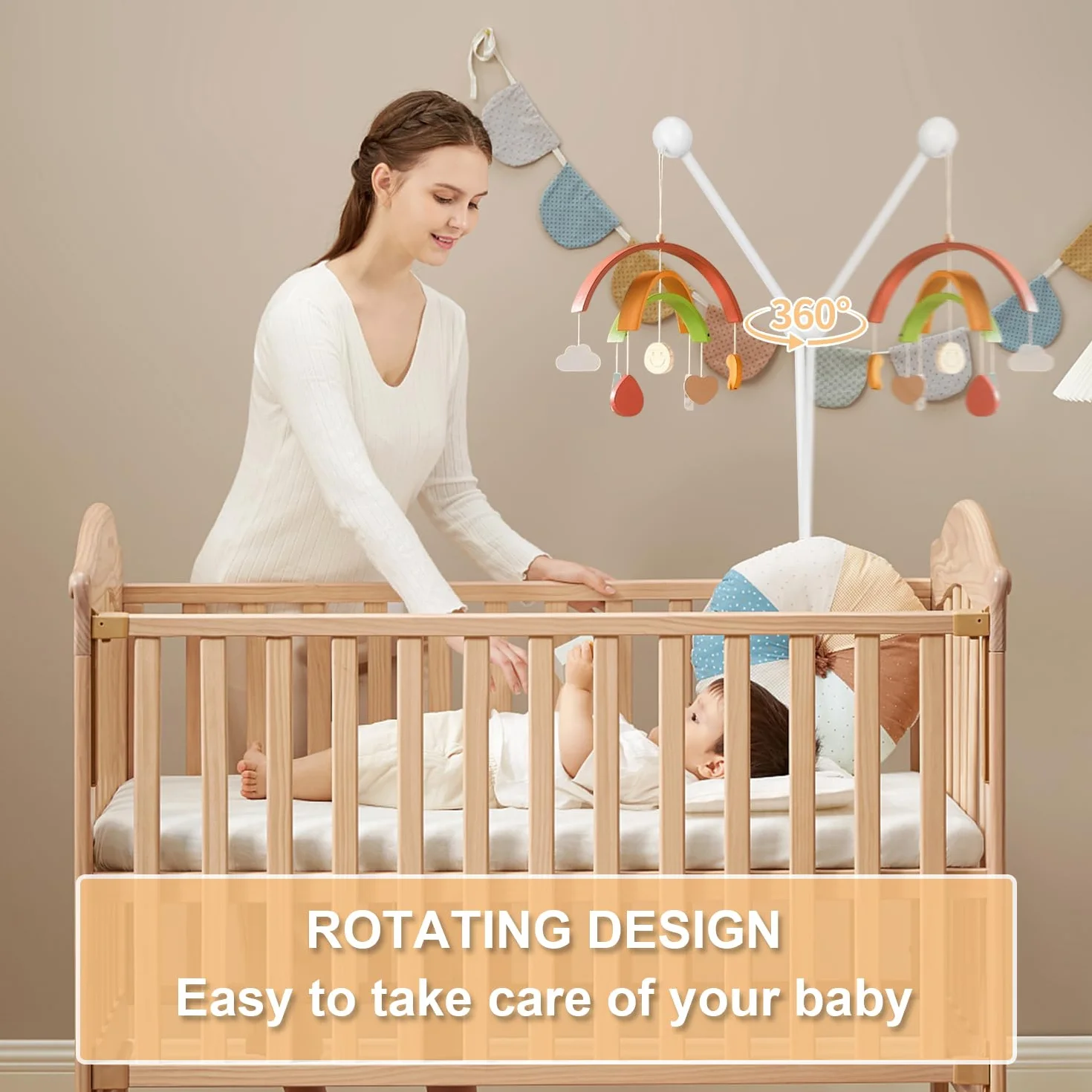 Support Mobile Bébé Réglable en Hauteur, Bras Rotatif, Base Nuage pour Berceaux et Tables à Langer