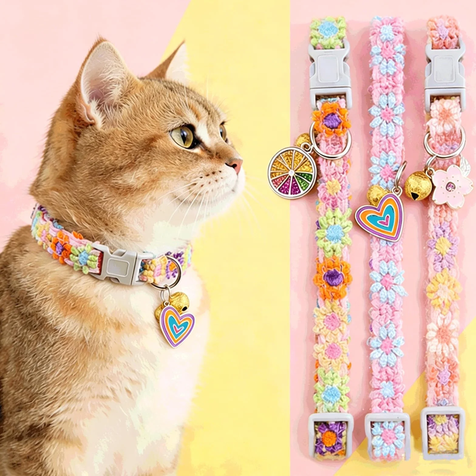 Kit Collier Chat 3 Pièces, Broderie Florale Collier Chaton avec Pendentif et Clochette, Réglable pour Chatons et Petits Chien, Durable