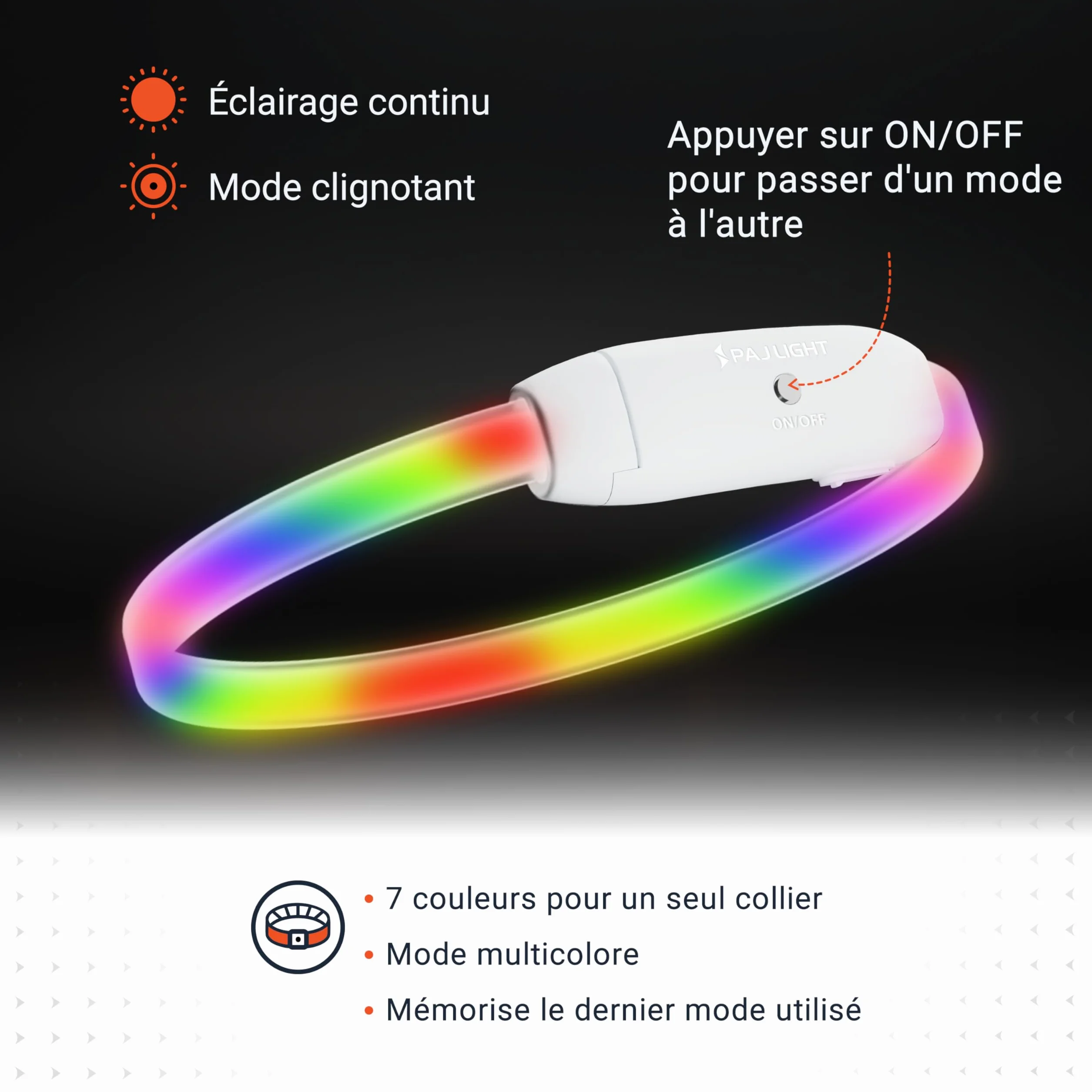 PAJ Light LED Collar Collier Lumineux Chien Longueur Personnalisable 20-70cm 100% étanche 7 Couleurs Nuit