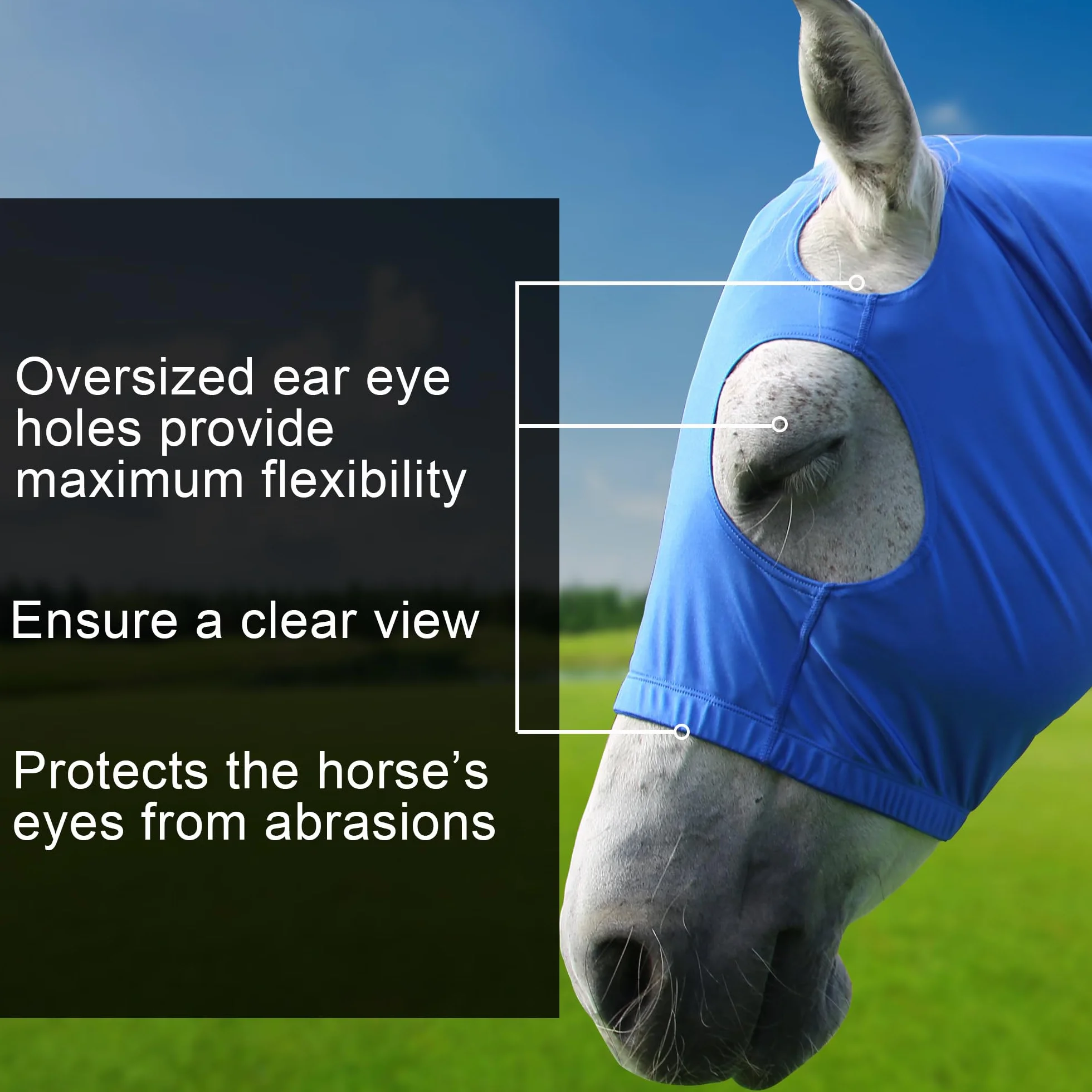 Mane Braid Capuche extensible pour cheval XXL Bleu bouclier anti-mouches fermeture éclair protection visage cou