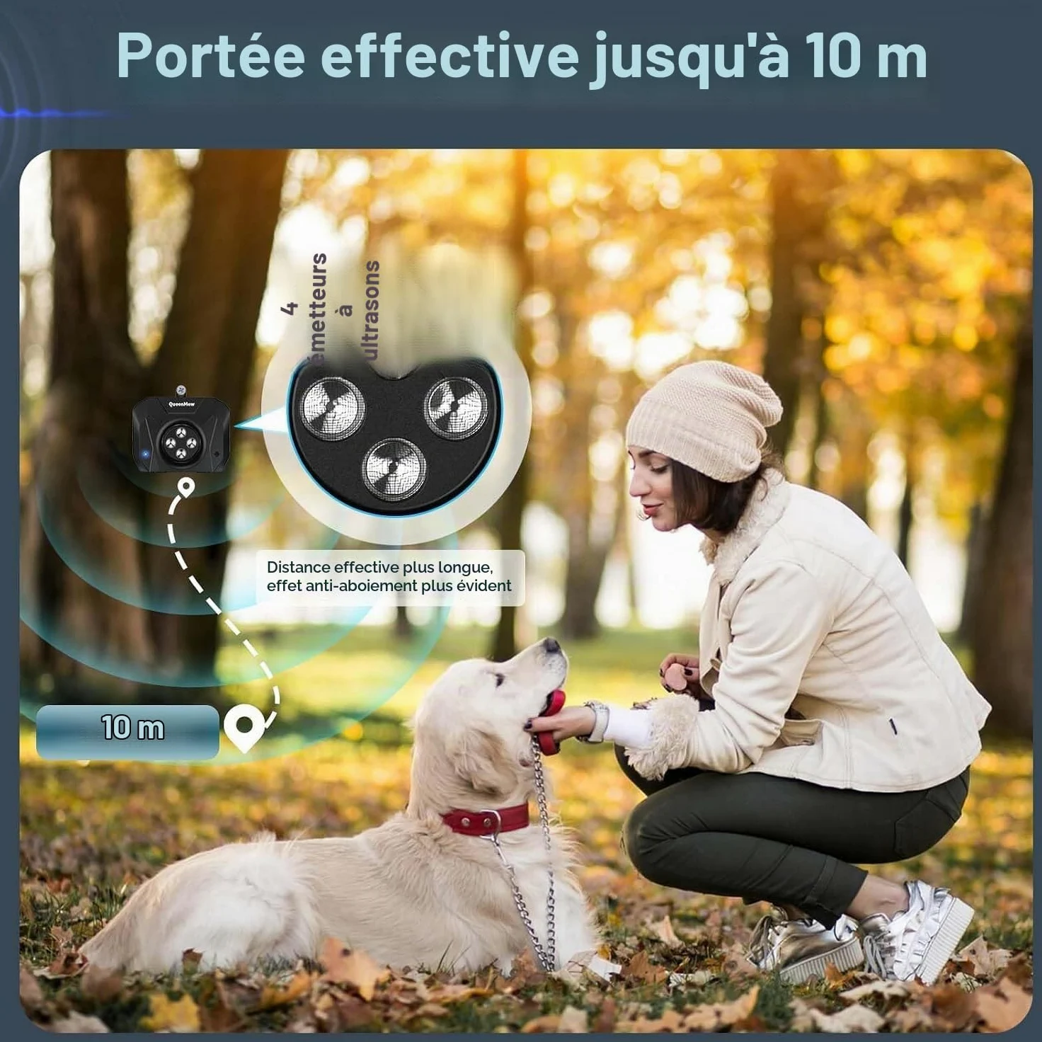 Dispositif Anti Aboiement Chien, 4 Émetteurs des Anti Aboiement Chien Ultrason, Boitier Anti Aboiement Chien de 33 Pieds, Alarme avec 3 Modes de Fréquence Réglables pour Grands et Petits Chiens