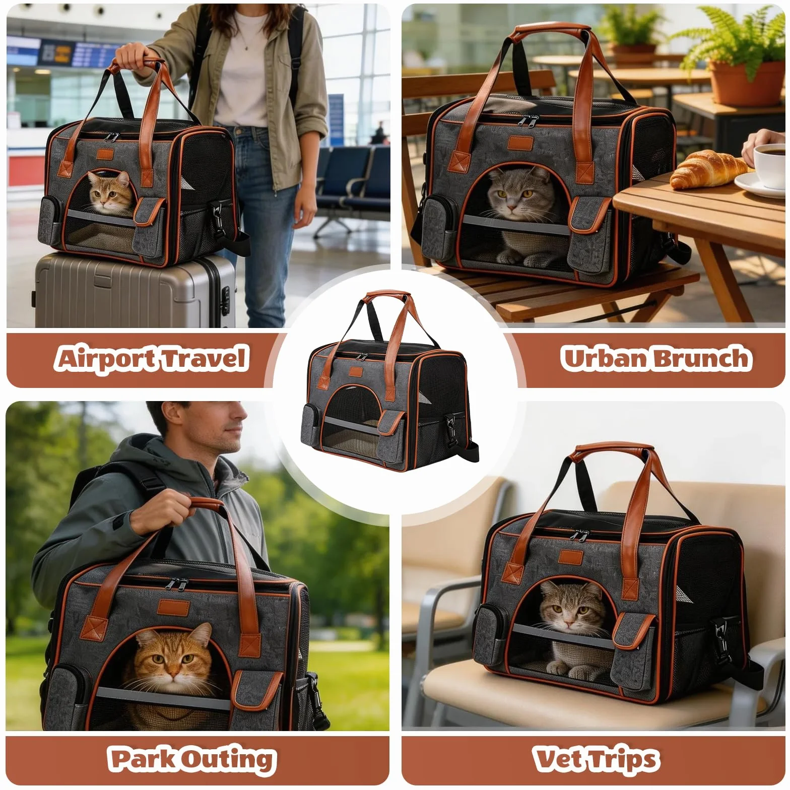 Sac de Transport pour Chat Pliable avec Bandoulière Marron