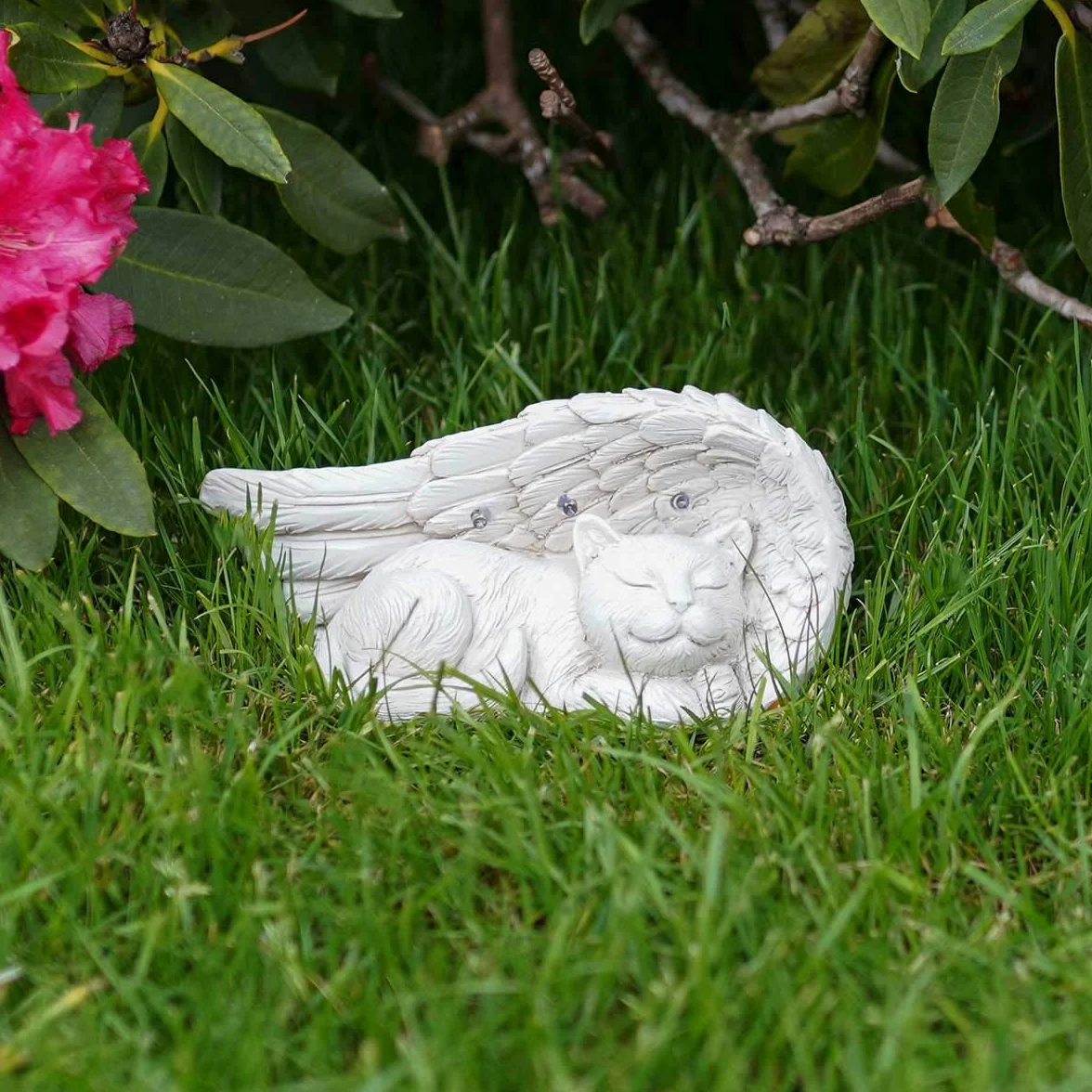 Statue Solaire Commémorative LED Blanc Chaud pour Chats Chiens - Croix Cœur Lumineux - Waterproof 21cm Chat Ailé
