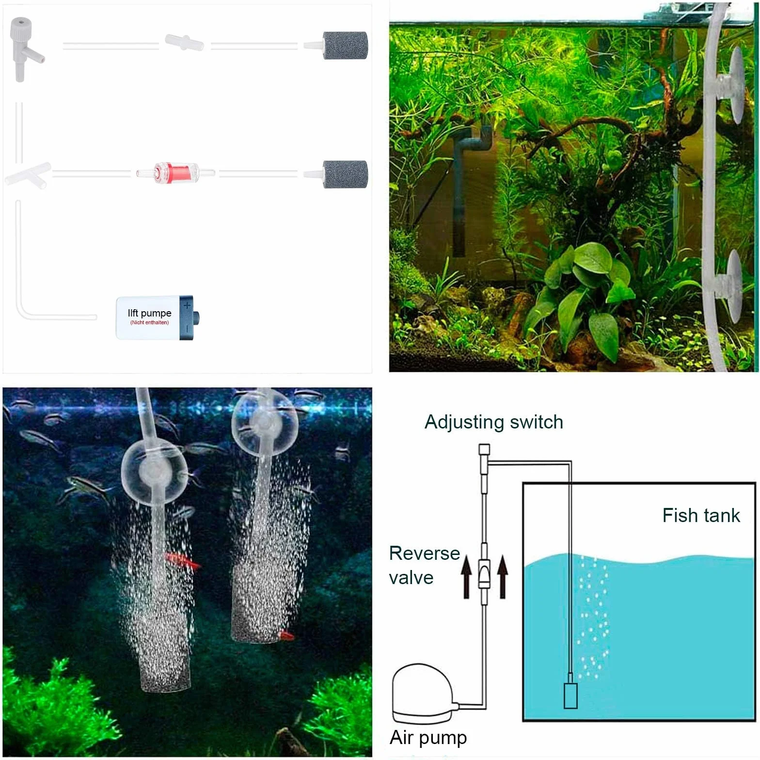 Contrôle du flux d'air pour aquarium, pierres à air, tuyaux 8 m, valves anti-retour, distributeur 4 voies