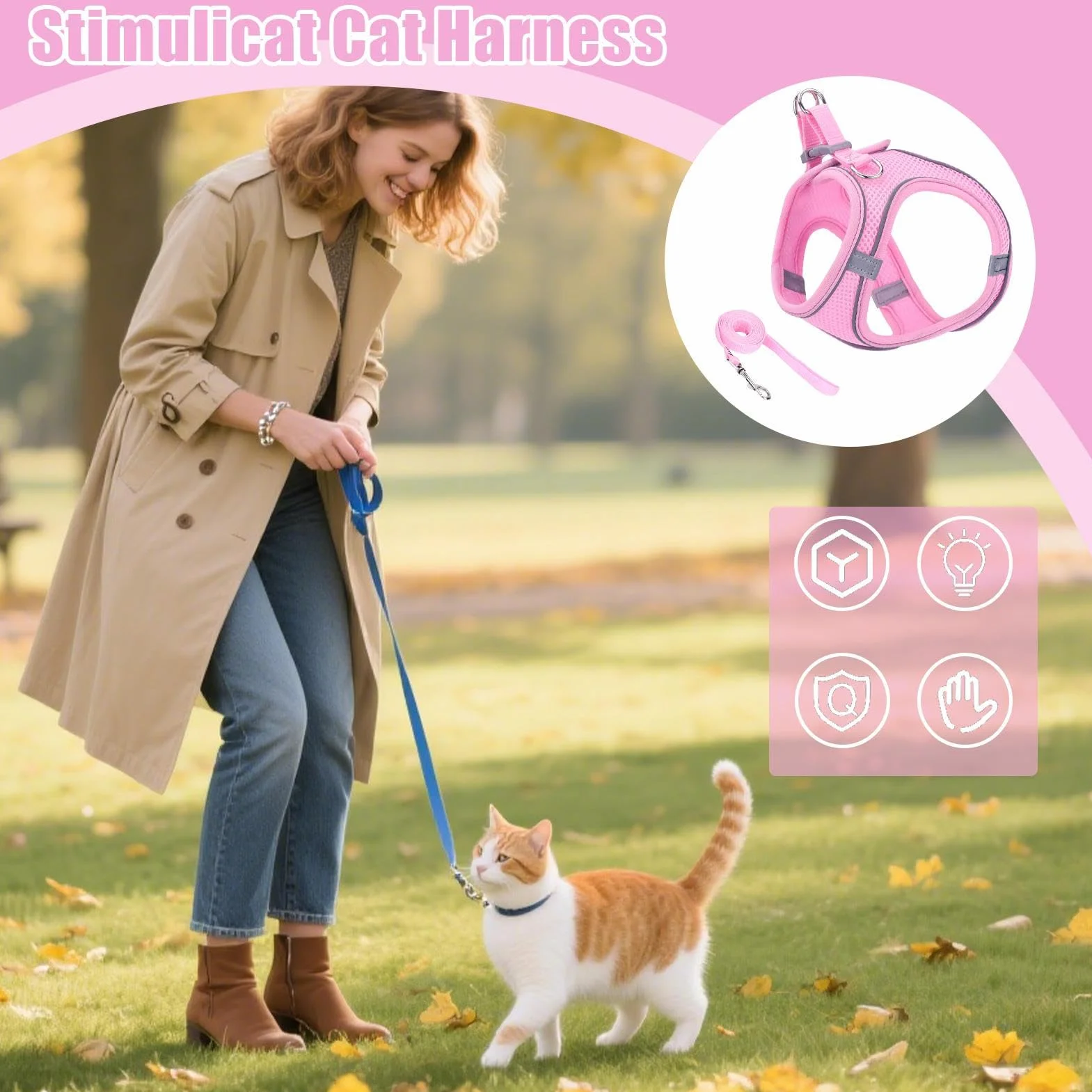 Harnais pour Chat Sécurisé Ajustable Taille S M L Randonnée Camping Extérieur