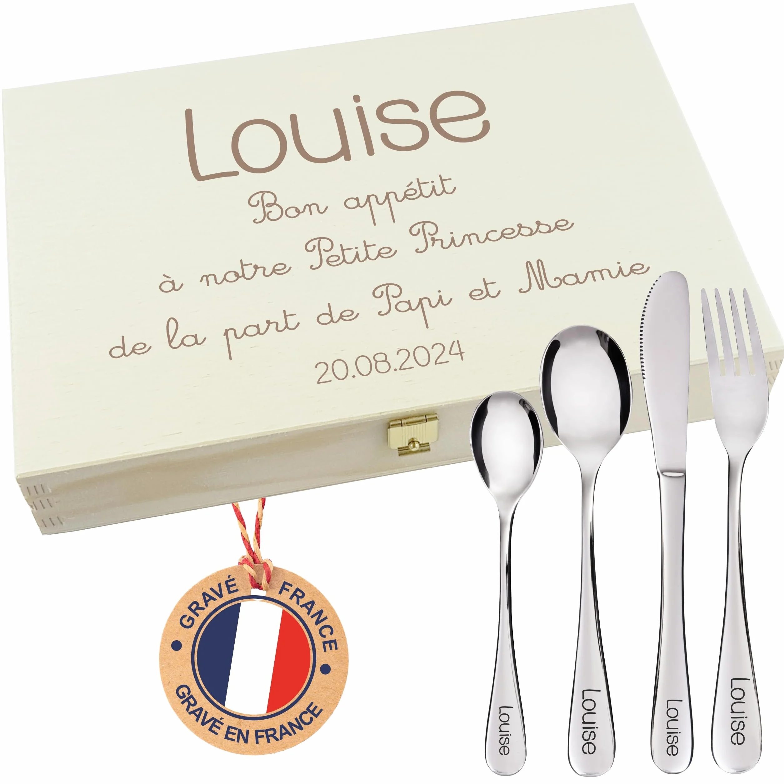 Coffret en Bois avec 4 Couverts personnalisés pour Enfant - prénom gravé en France - Cadeau Noël bébé, Baptême, Cadeau de Naissance