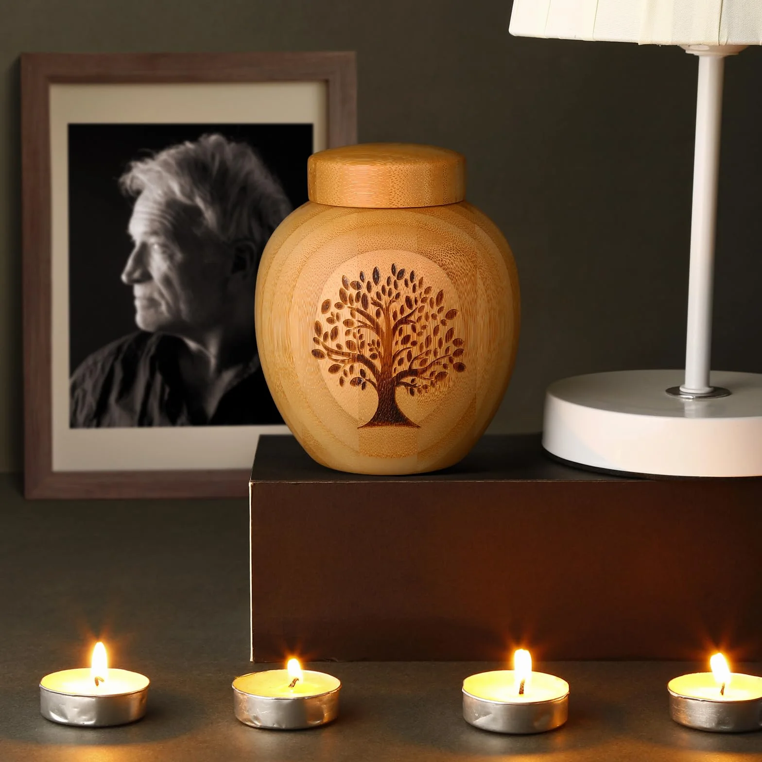 Urne pour Cendres humaines en Bambou, Souvenir avec Arbre de Vie, Crémation Memorial 48 Pouces Cubes