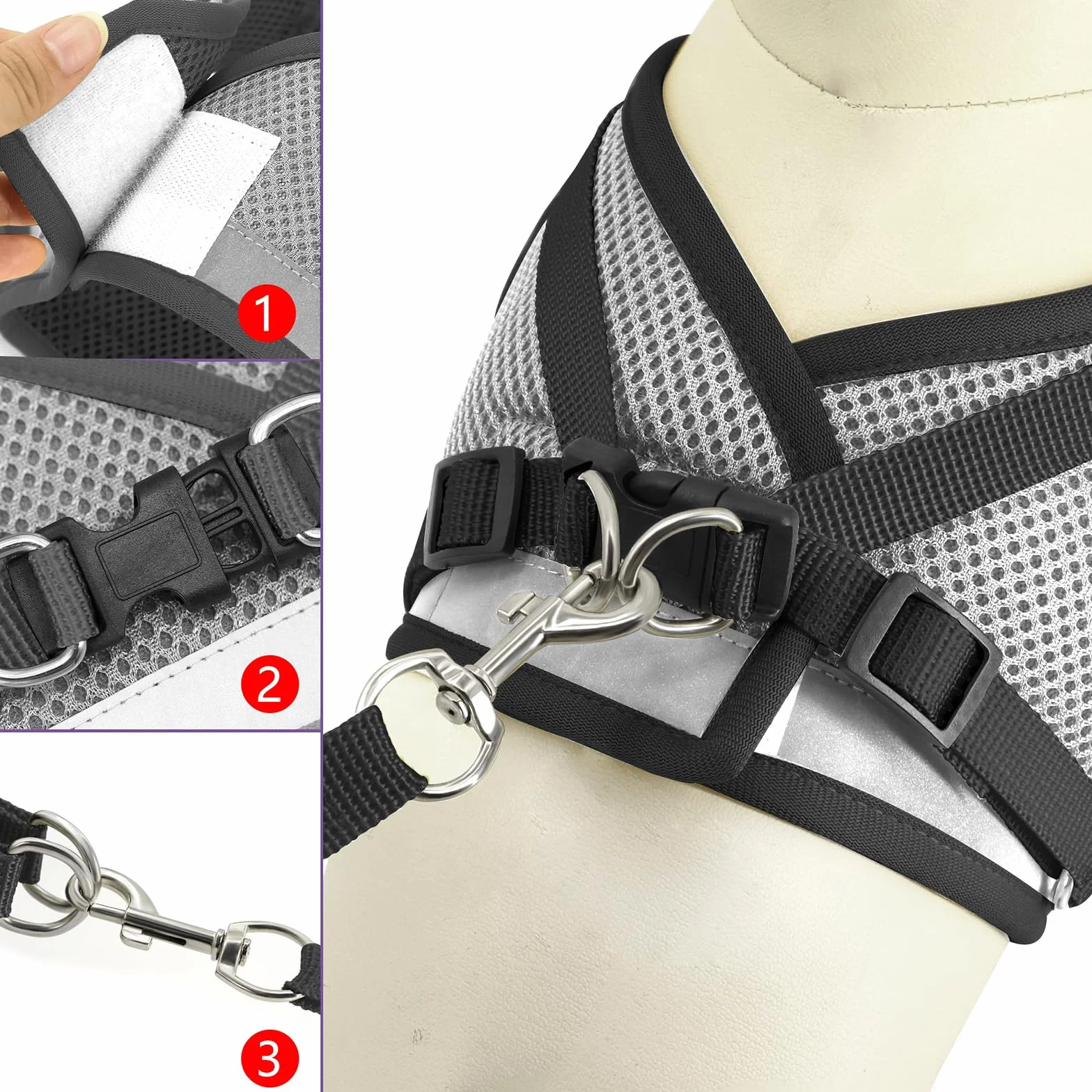 Harnais et Laisse pour Chat Anti évasion, Réglable, Réfléchissant, Gilet Respirant (M Gris)
