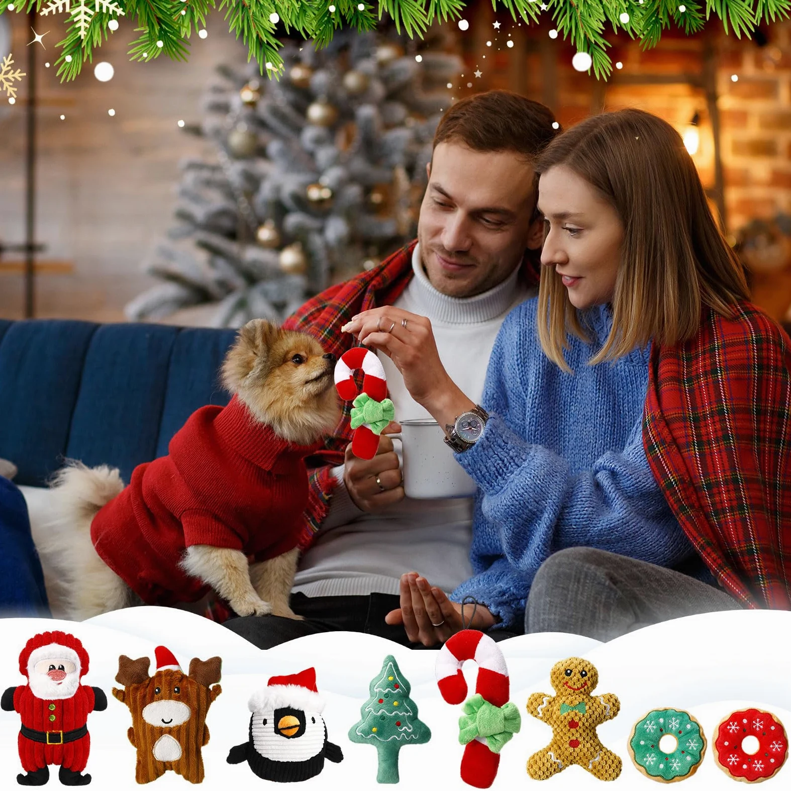 Lot de 8 jouets de Noël pour chien - Jouets couineurs interactifs en peluche avec couineur pour chiens de petite, moyenne et grande taille - Nettoyage des dents