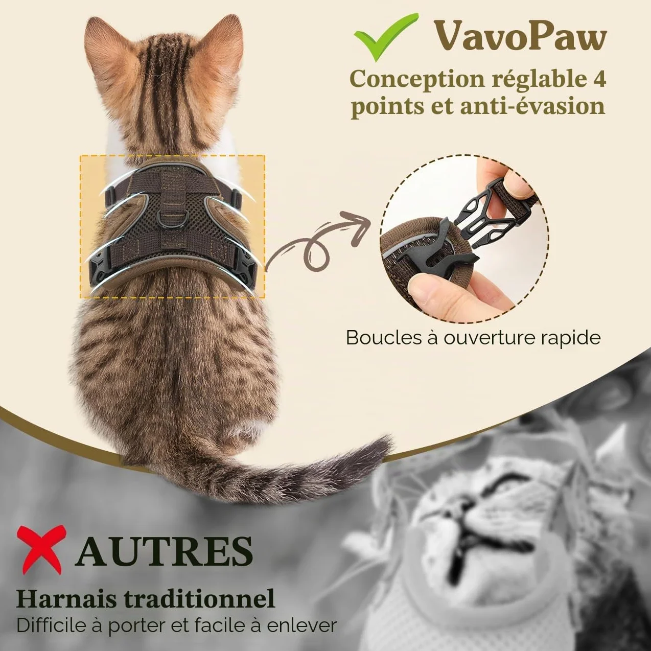 VavoPaw Harnais et Laisse Anti-évasion pour Chat, Ajustable avec Bande Réfléchissante, Filet Respirant, Taille S, Café