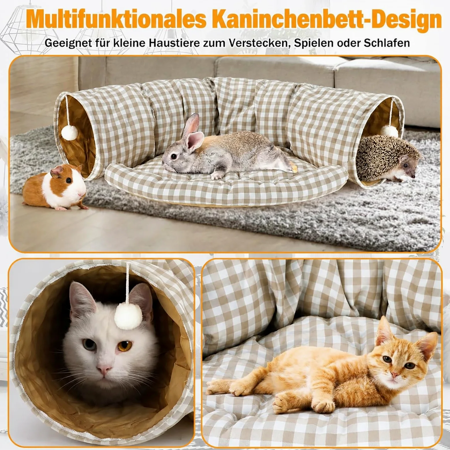 Lit tunnel pour lapin 2 en 1 – Tunnel pliable avec tapis amovible, tunnel douillet lavable pour lapins, cochons d'Inde et chats, espace de jeu et de couchage confortable pour petits animaux