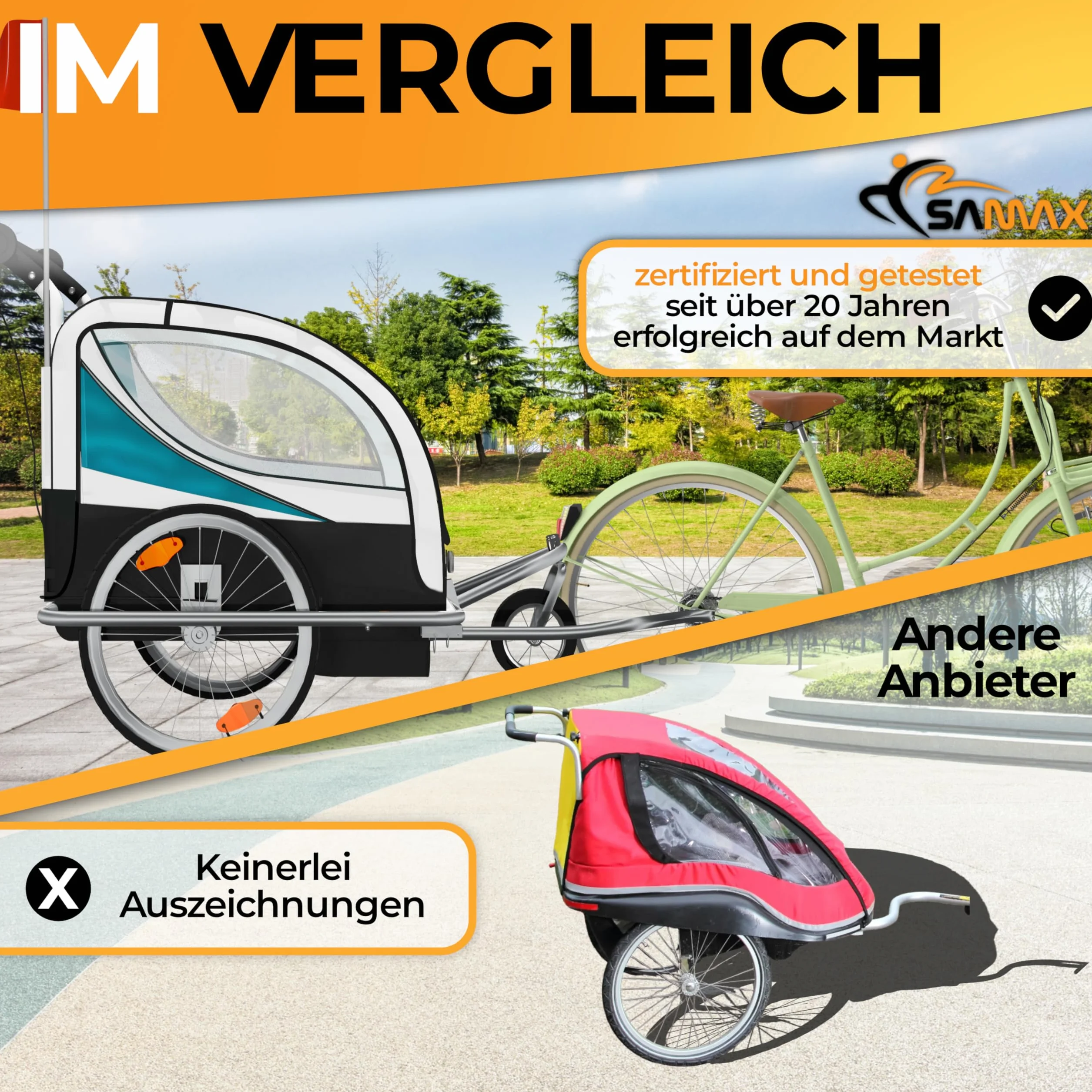 SAMAX Remorque Vélo Convertible Jogger 2en1 360° Rotatif pour 2 Enfants