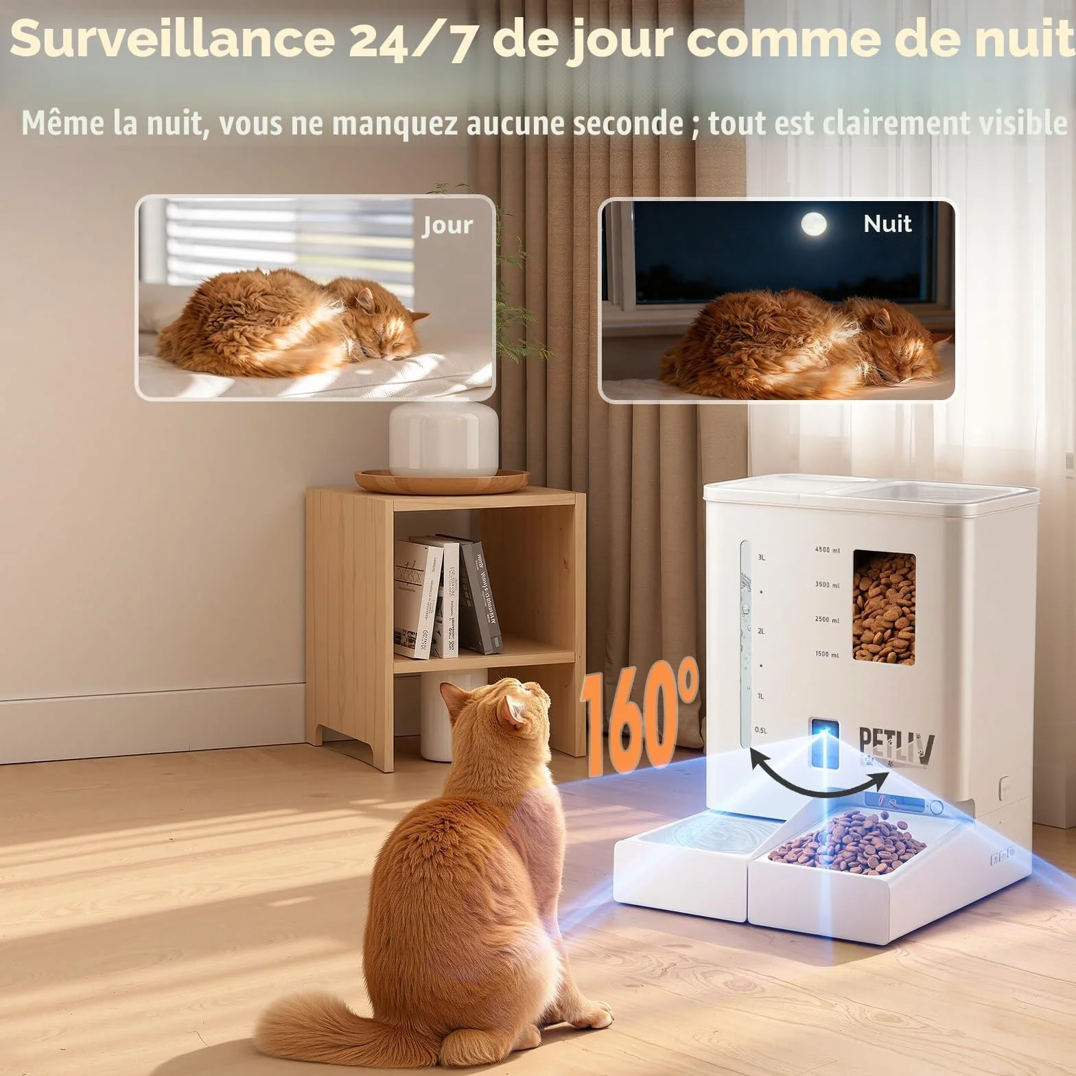 Distributeur Croquettes Chat Automatique avec Caméra 2K HD Vision Nocturne WiFi 2.4G/5G Contrôle App Double Alimentation Réservoir 5L 4L