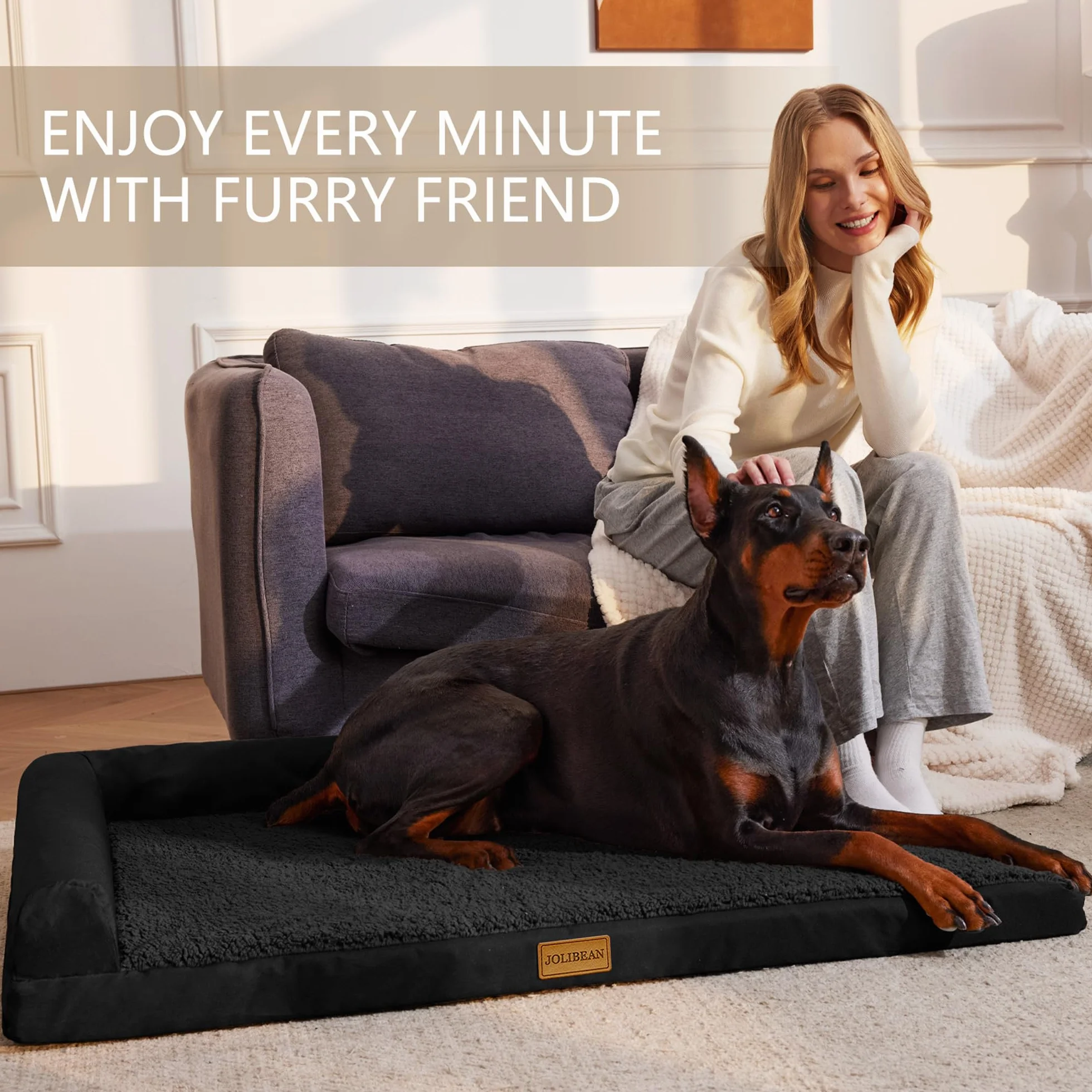 Panier Orthopédique Chien XL Forme L, Coussin Déhoussable Lavable, Tapis Imperméable, Base Antidérapante 122x76cm Noir