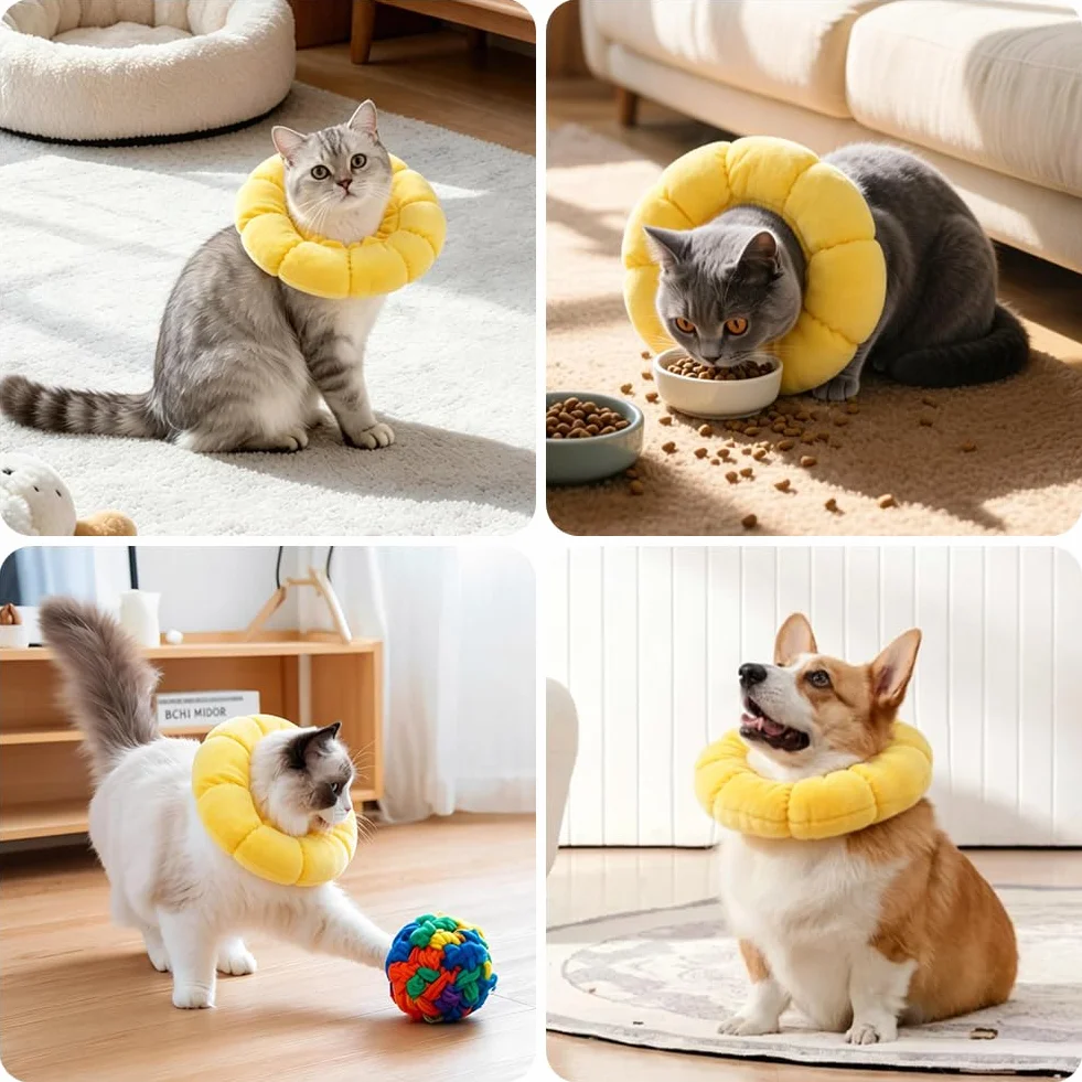 Collier Anti Léchage pour Chat, Collier de Protection Tournesol, Coton Doux Ajustable 10-18cm