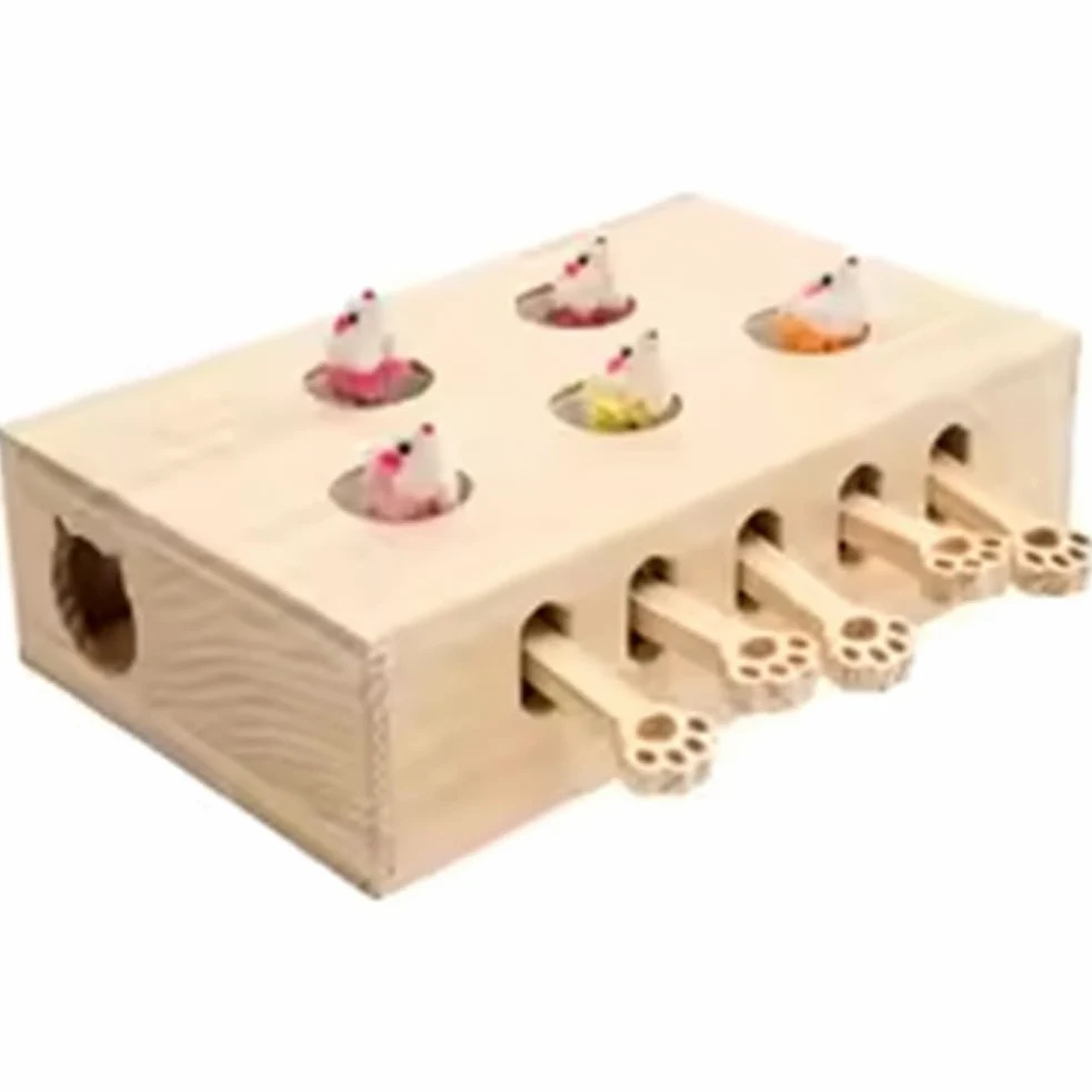 Cat Toys Interactive Whack-A-Mole Solid Wood Toy for Indoor Cats Kitten Catch Mice Game