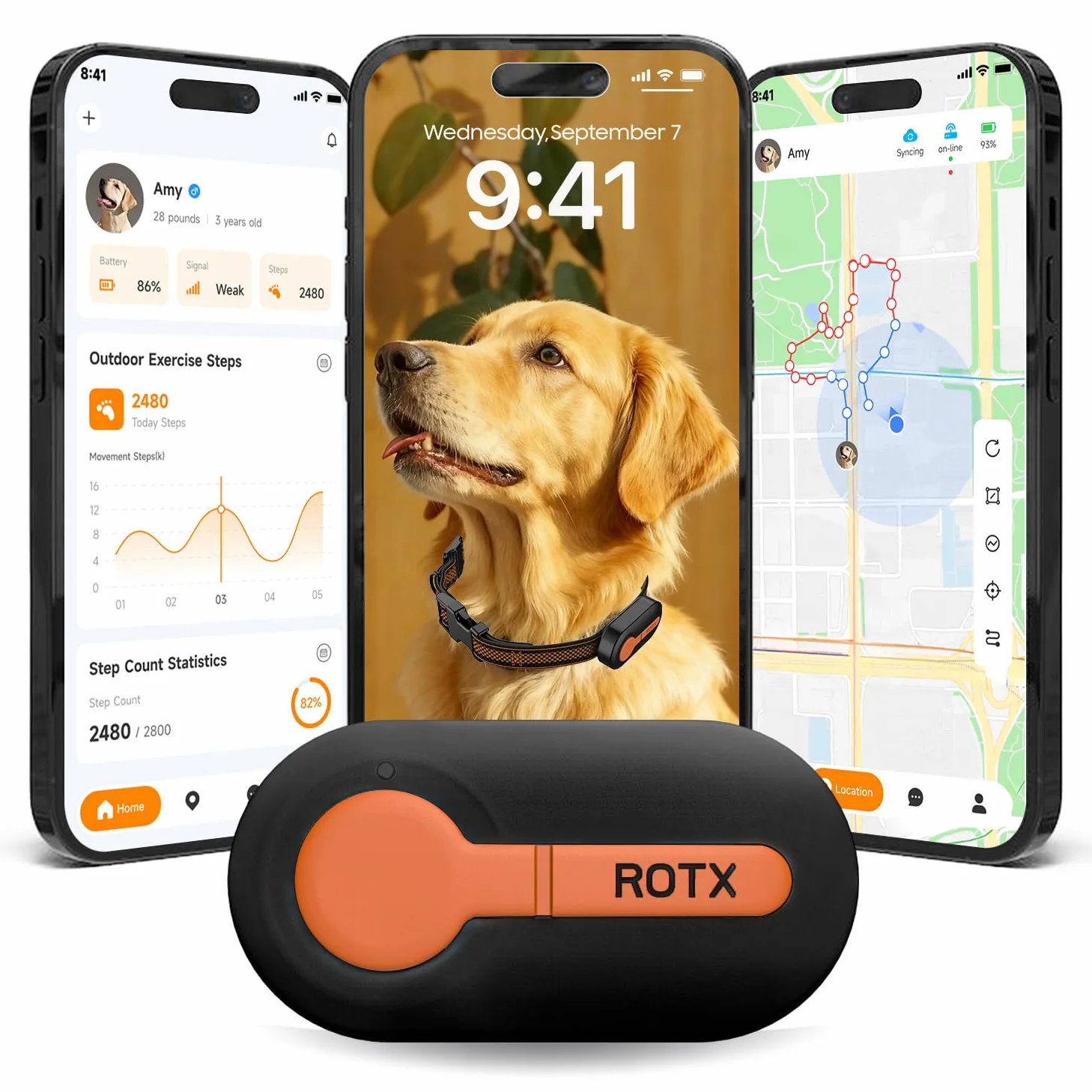 ROTX Dog GPS Tracker alertes Tracker en Temps réel Emplacement virtuel de la barrière pour Animal de Compagnie de Plus de 11.06lbs Chien Chat Collier aléatoire abonnement requis étanche IP67 Noir