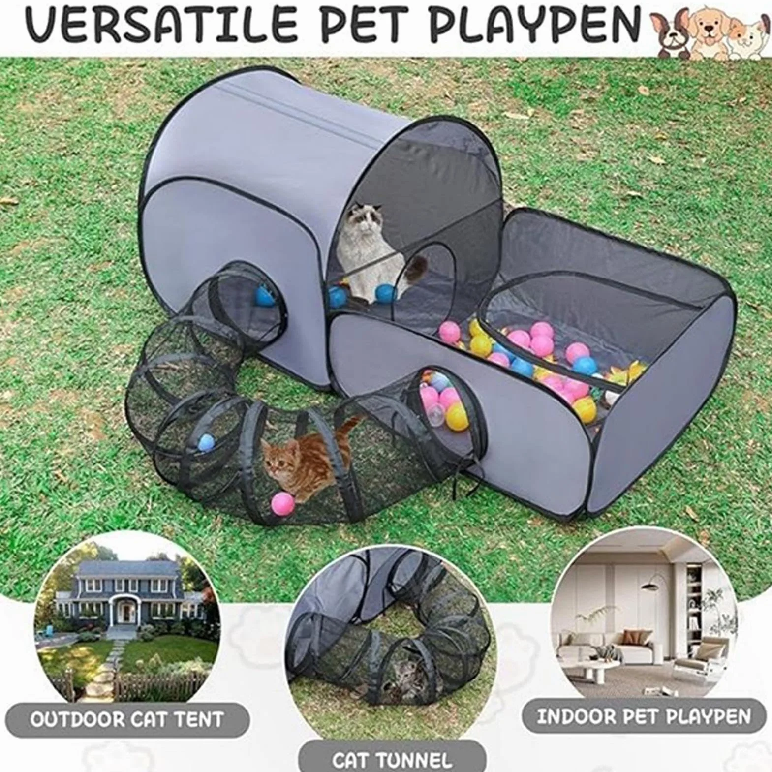 Parc de Jeu Pliable pour Chat Chien, Enclos Intérieur avec Tente Tunnel, Portable