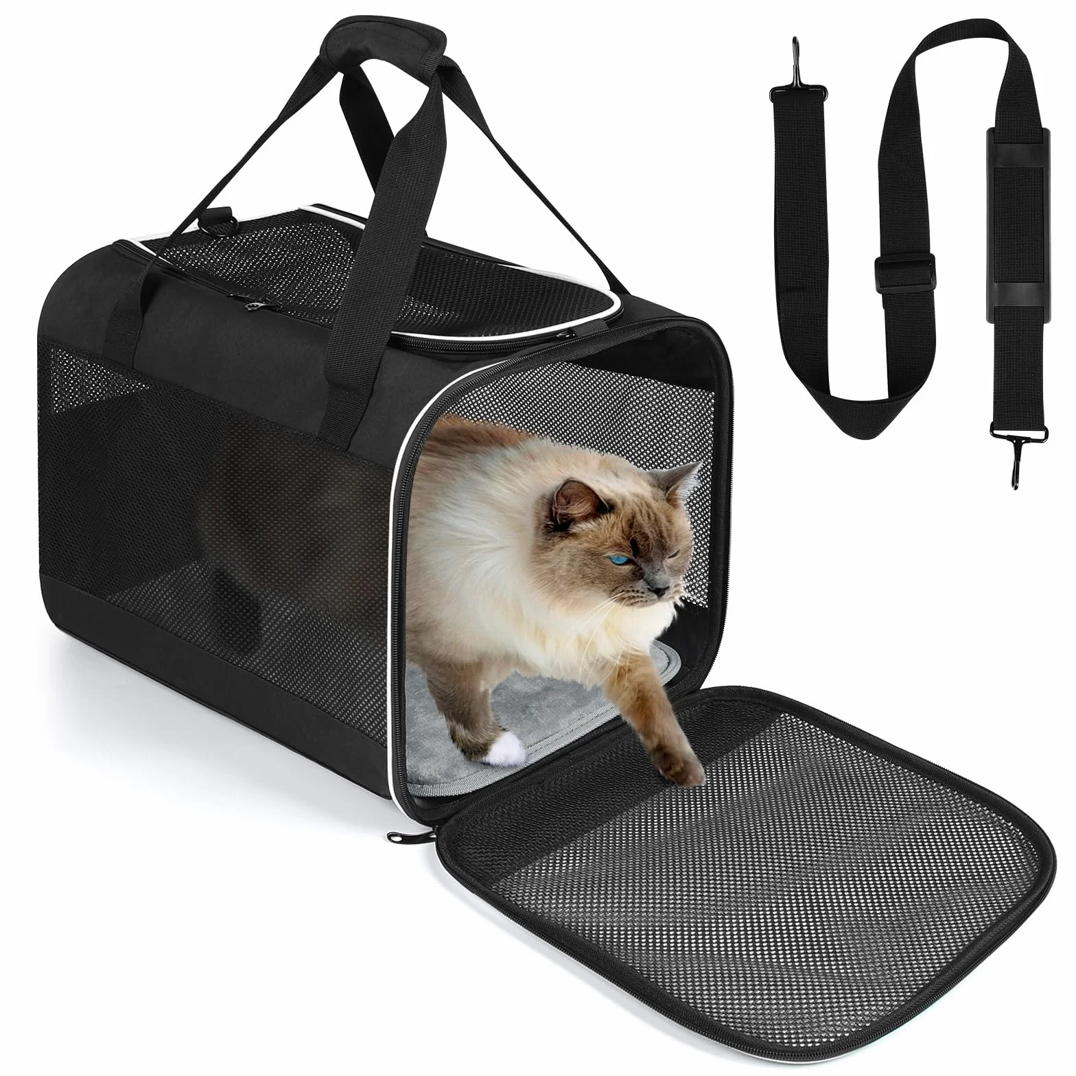 Sac de Transport pour Chat Pliable avec Coussin Amovible, 45x30x30cm, Noir, pour Animaux jusqu'à 6,5kg