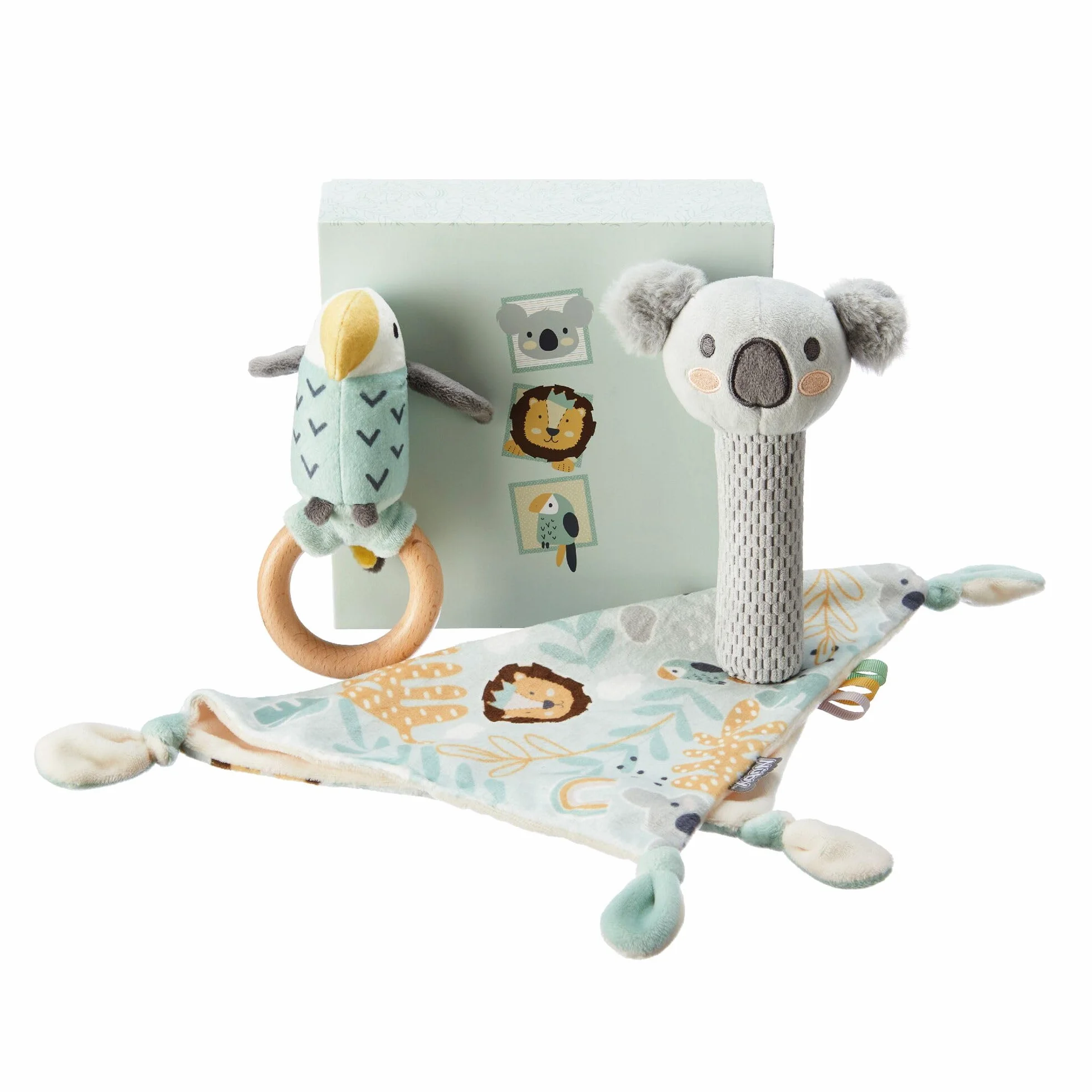 Nuby Ensemble cadeau bébé Animal Adventures 3 pièces Doudou Siffleur Hochet