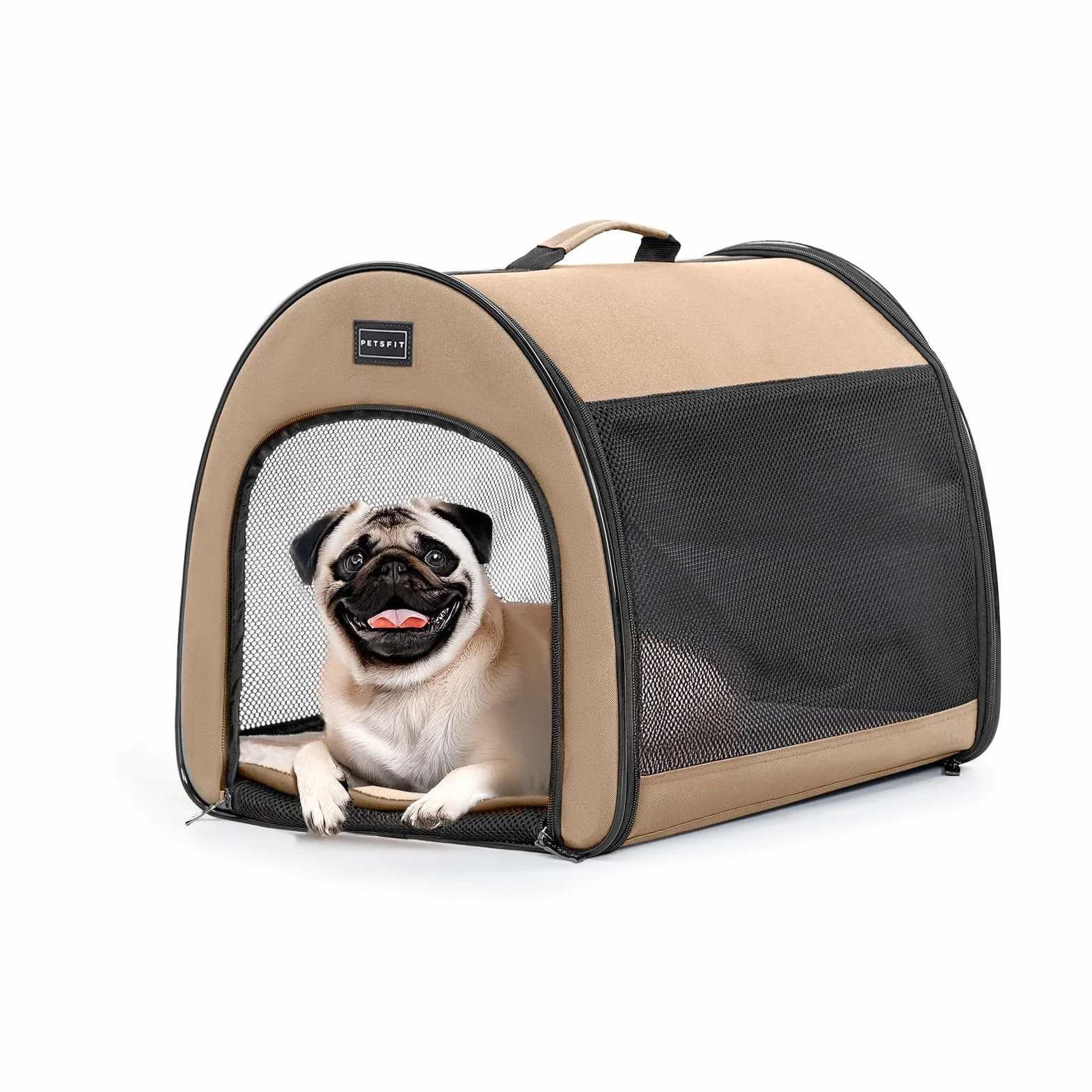 Petsfit Cage pour Chien Pliable pour Petits Chiens et Chats, Cage Chien à Domicile avec Design bombé, Caisse de Transport Chien avec Fermeture éclair Anti-Ouverture et Coussin en Peluche,S,Kaki