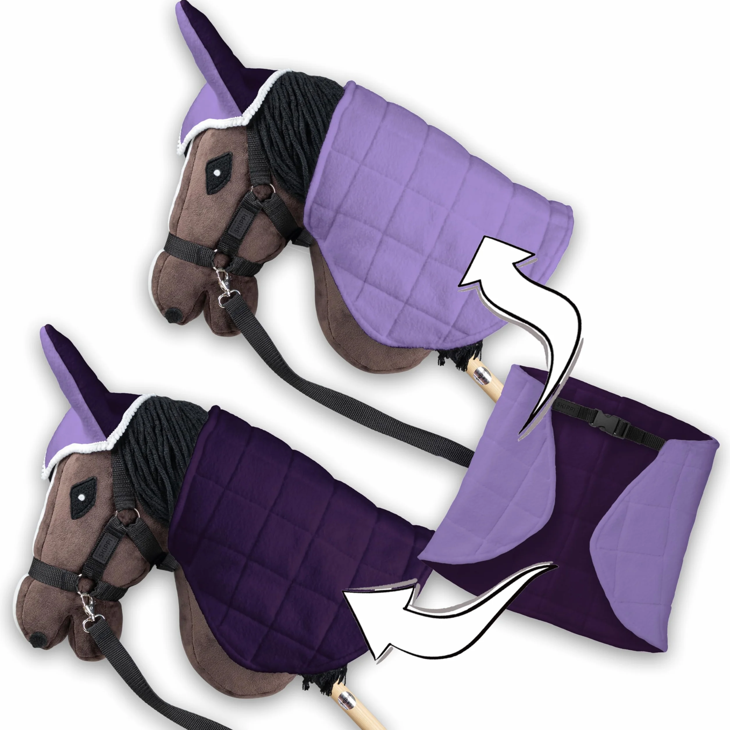 SKIPPI Couverture Réversible et Bonnet Anti Mouches pour Hobby Horse - Bruyère et Prune, Accessoire Tête de Cheval