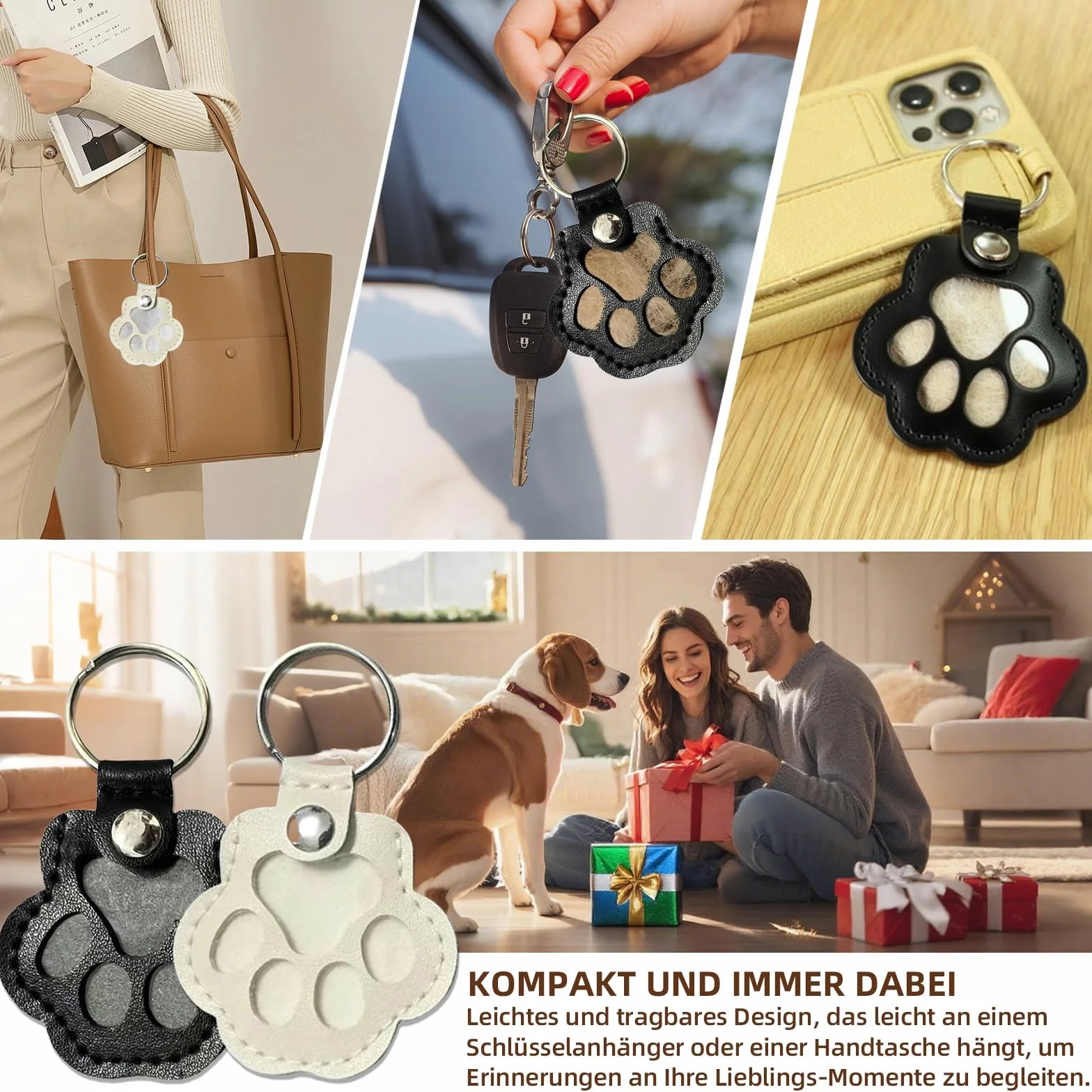Lot de 2 porte-clés poils d'animaux, pendentif cuir patte chien souvenir