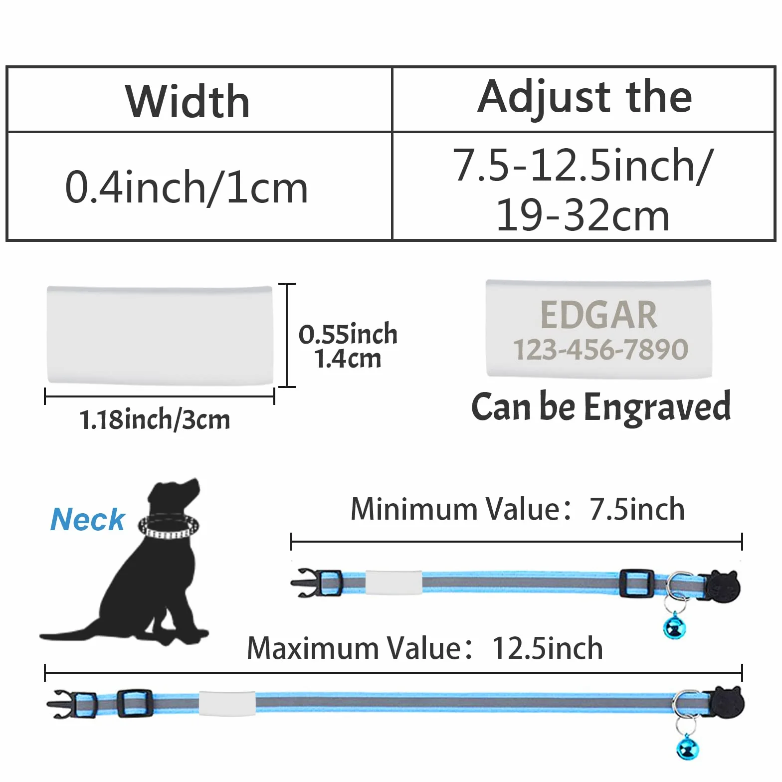 Collier Chat Personnalisable avec Nom Menthe Verte Anti Étranglement Réfléchissant Réglable avec Clochette et Étiquette d'Identification