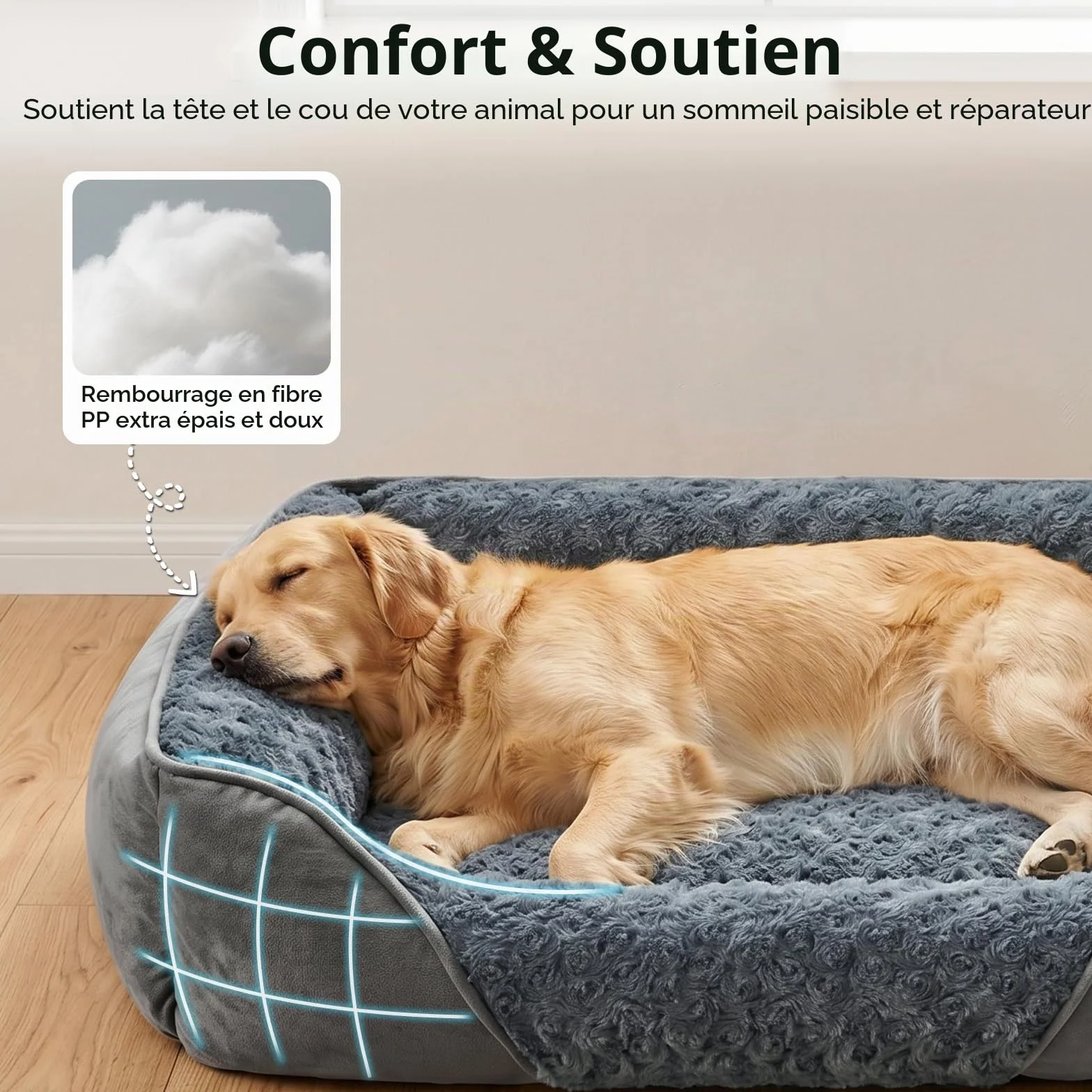 JOEJOY Panier pour Chien Grande Taille, Lit Chien Lavable Pelucheux, Antidérapant Coussin Anti-anxiété, 89x63x23cm