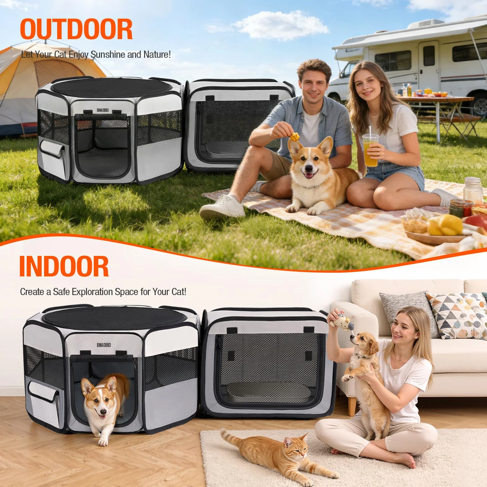 Parc de jeu portable 2 en 1 pour chat 121,9 x 66 x 66 cm pliable avec boîte à litière amovible