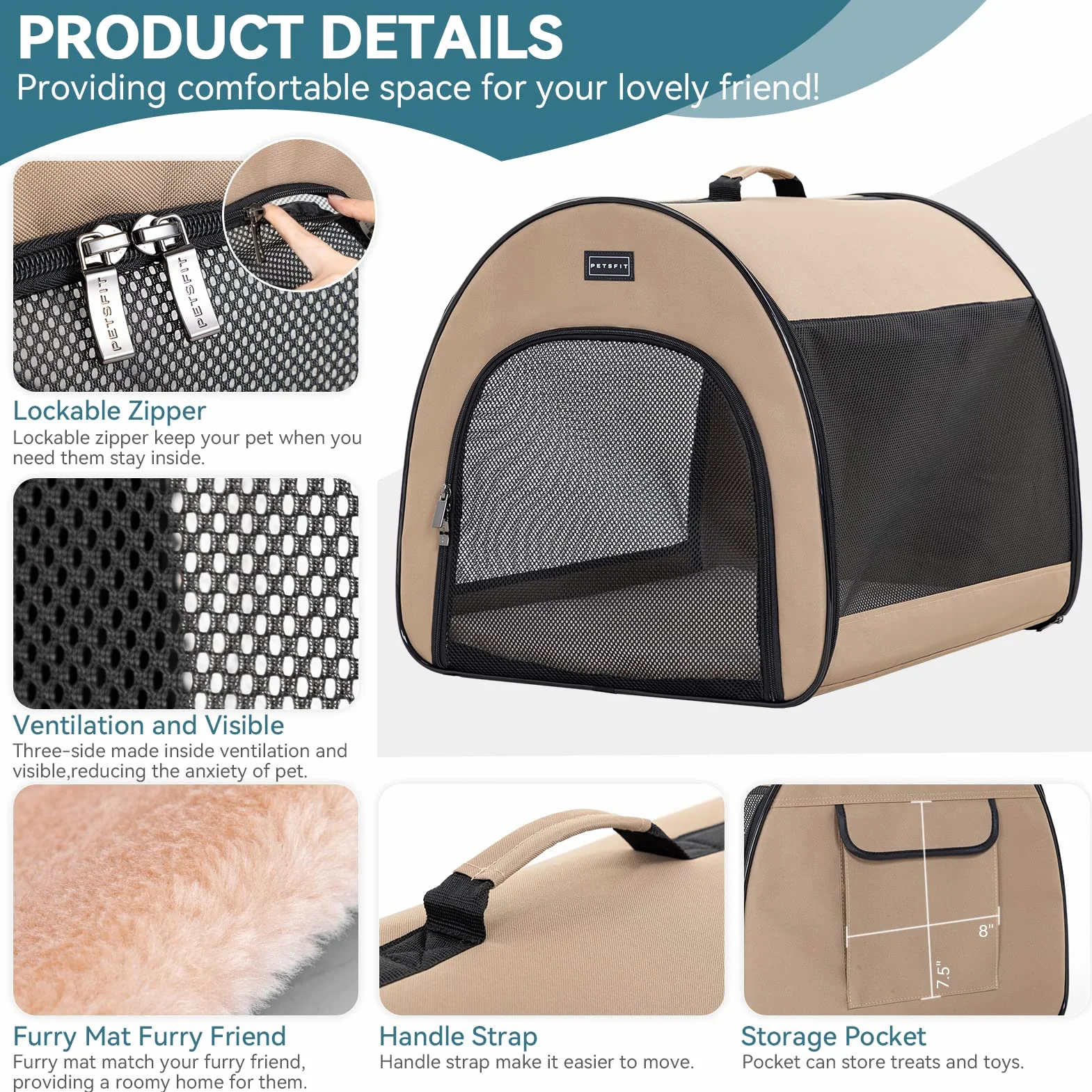Petsfit Cage pour Chien Pliable pour Petits Chiens et Chats, Cage Chien à Domicile avec Design bombé, Caisse de Transport Chien avec Fermeture éclair Anti-Ouverture et Coussin en Peluche,S,Kaki