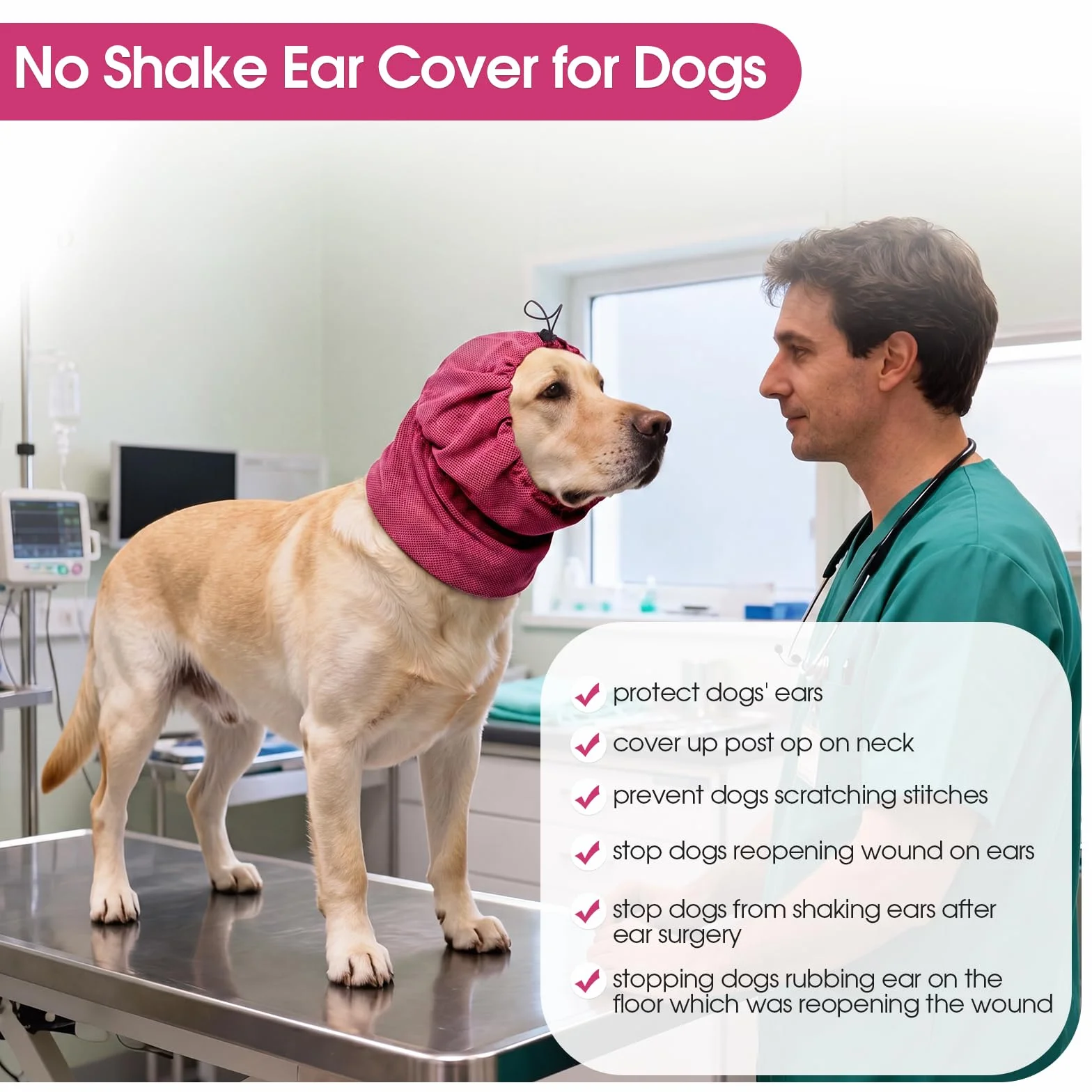 Cache Oreille Chien Snood Ete Empêche Gratter Points Suture Maintient Pansements Oreille Rouge rosé M