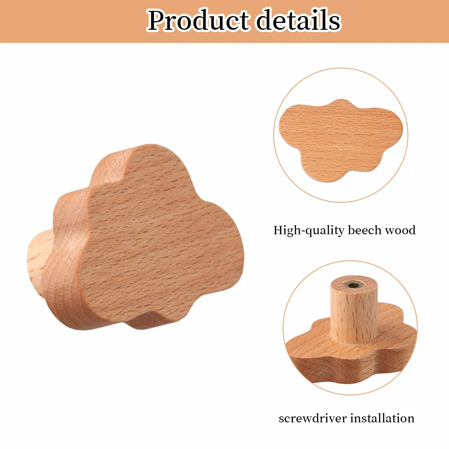 Boutons d'Armoire en Bois Massif 6Pcs Poignées de Tiroir avec Vis