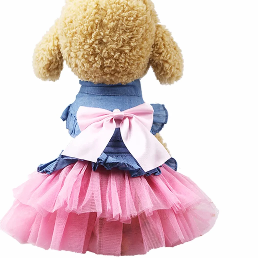 XIAOYU Chien Robe d'été Bowknot Princesse Jupe Denin Gilet Chemises Douce Vêtements pour Animaux de Compagnie Rose XL