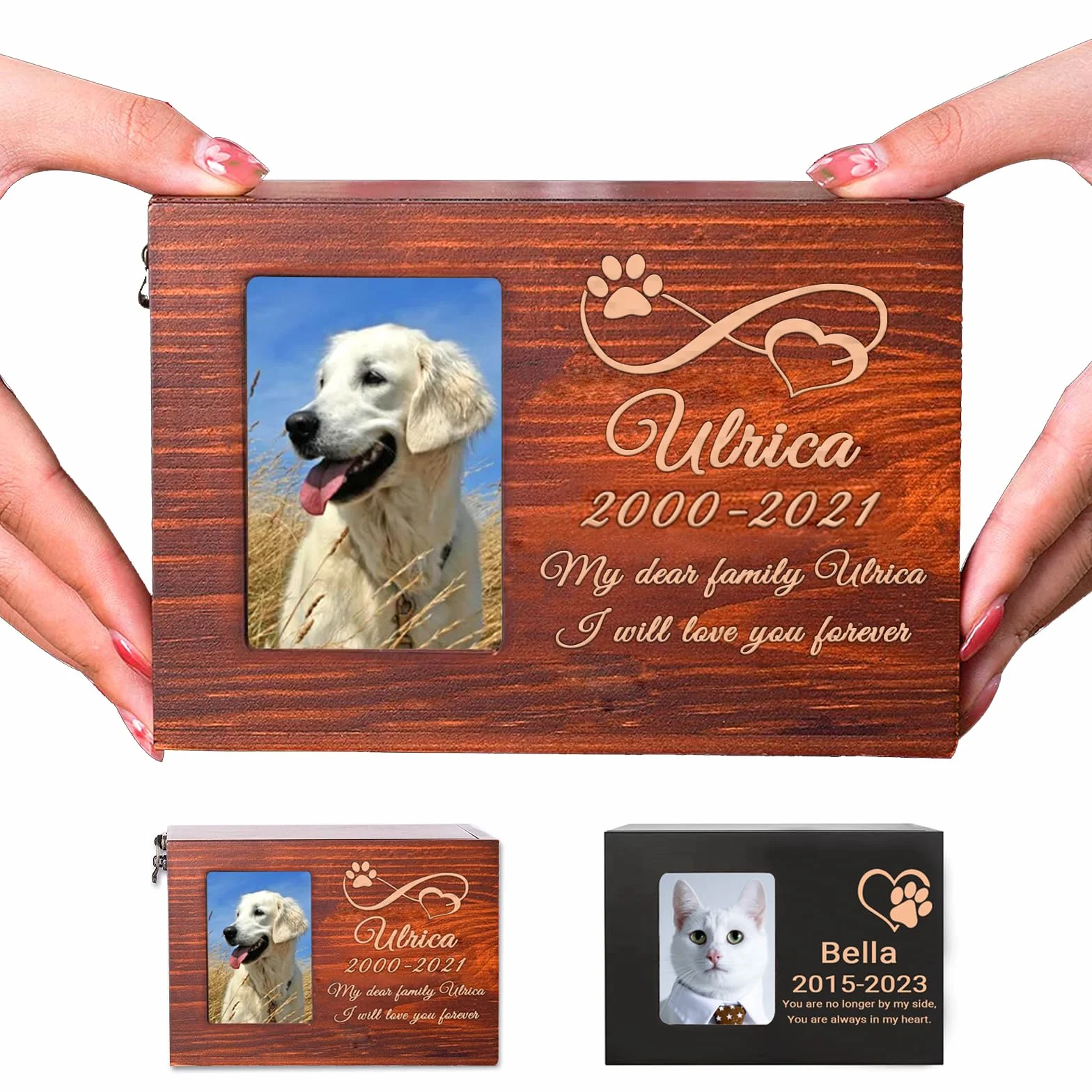 Urne Personnalisée pour Chien et Chat en Bois avec Gravure, Fente Photo, Date et Texte