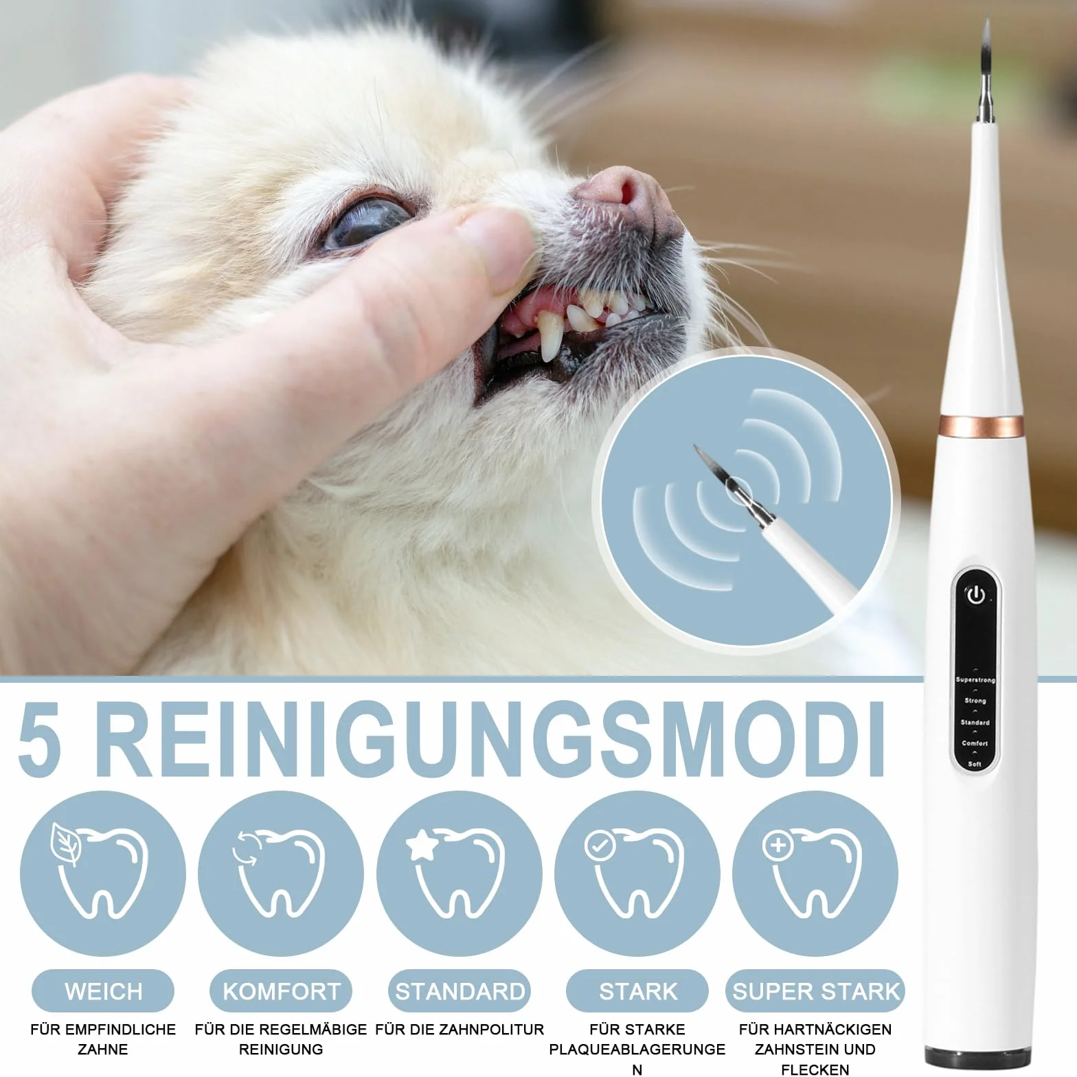 Detartreur Dentaire Ultrasonique pour Chien et Chat - Kit 5 en 1 Ultra Edition, 31K Vibrations/min, 4 Embouts, USB-C, Autonomie 30 Jours, Étanche IPX6
