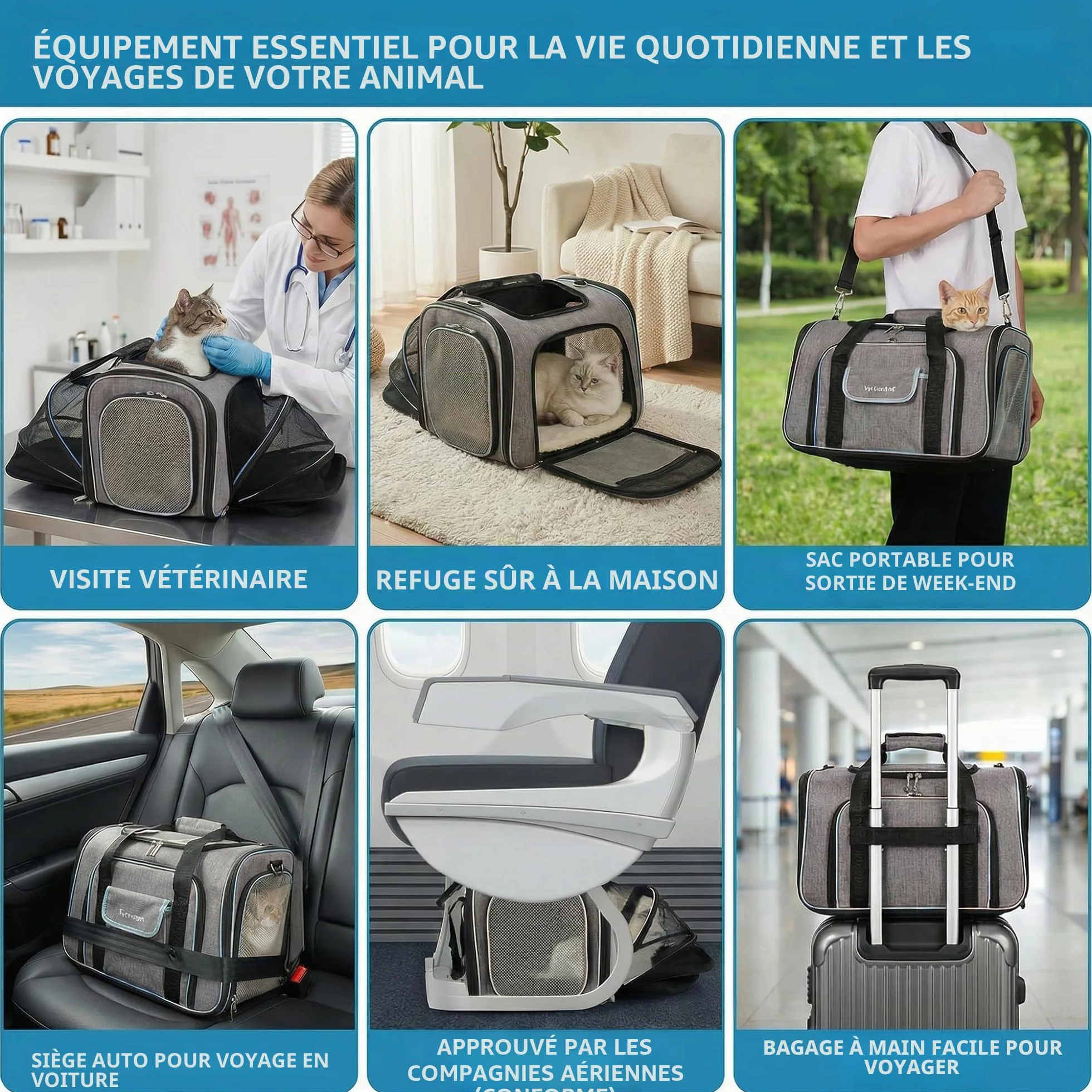 Sac de Transport pour Chat Extensible 4 Côtés, Approuvé Compagnie Aérienne, 45x28x28cm, Pliant