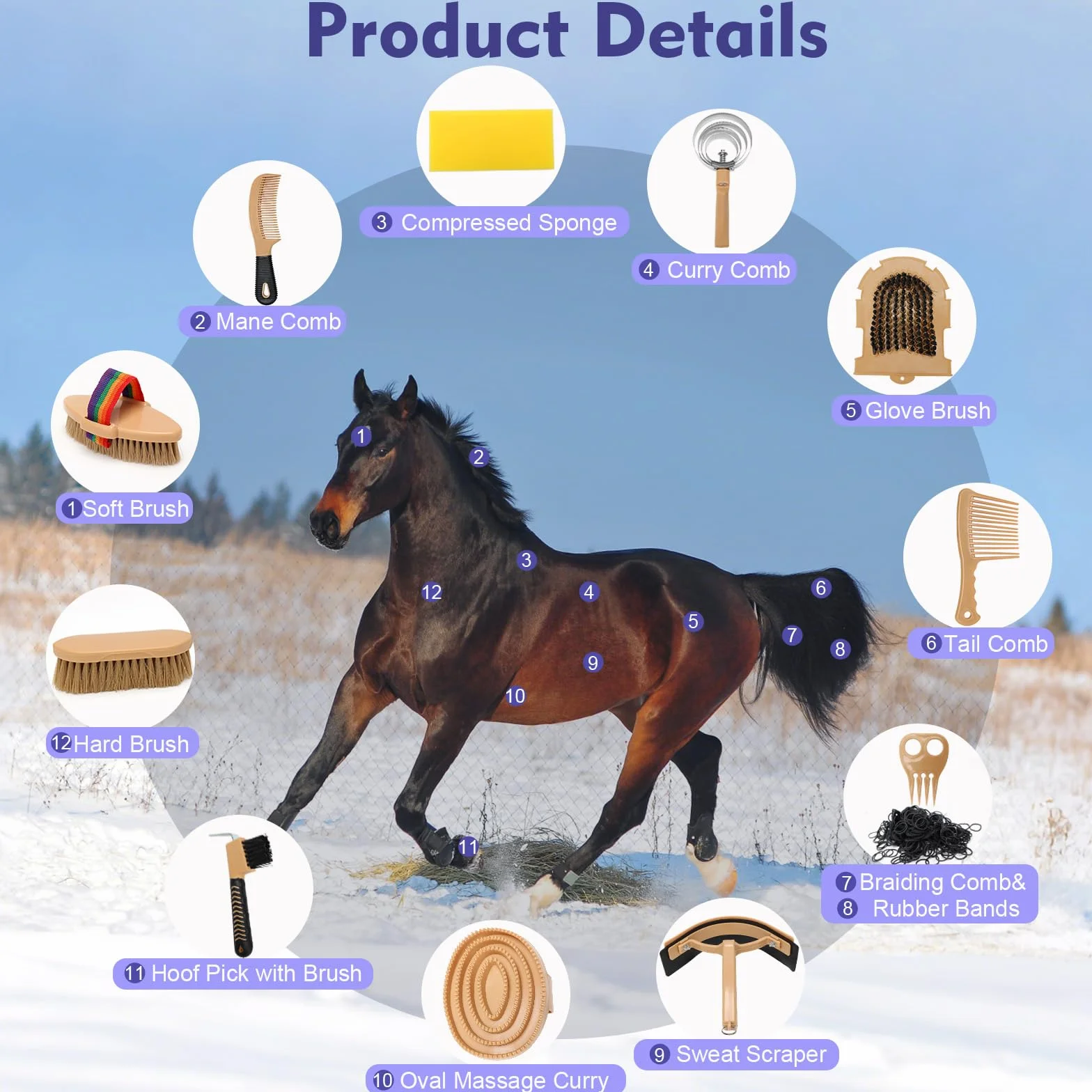 Kit de pansage Horse Care 13 pièces avec sac de rangement, brosses pour chevaux, jaune