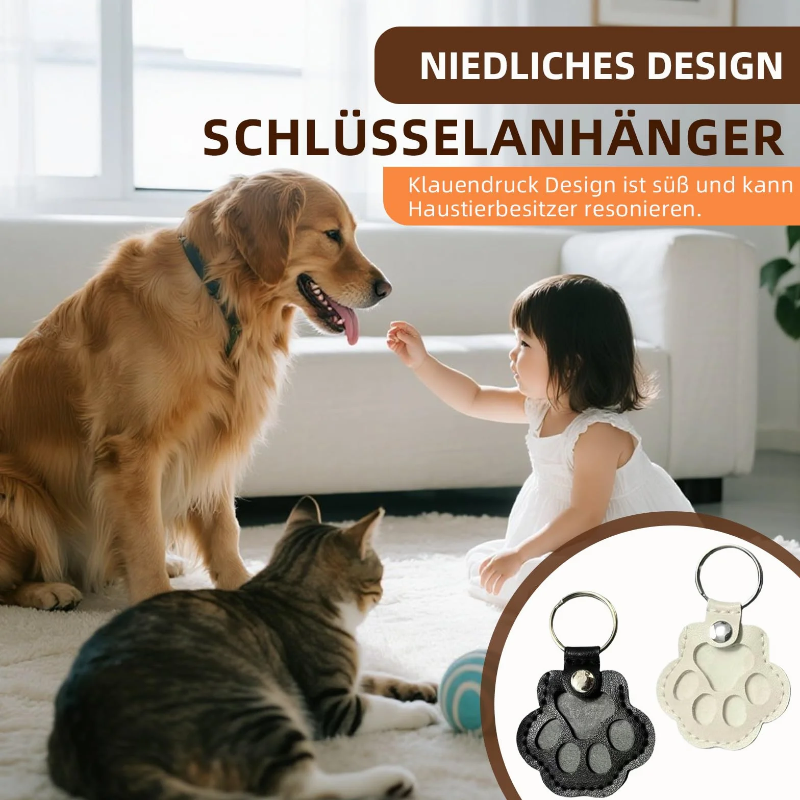 Lot de 2 porte-clés poils d'animaux, pendentif cuir patte chien souvenir