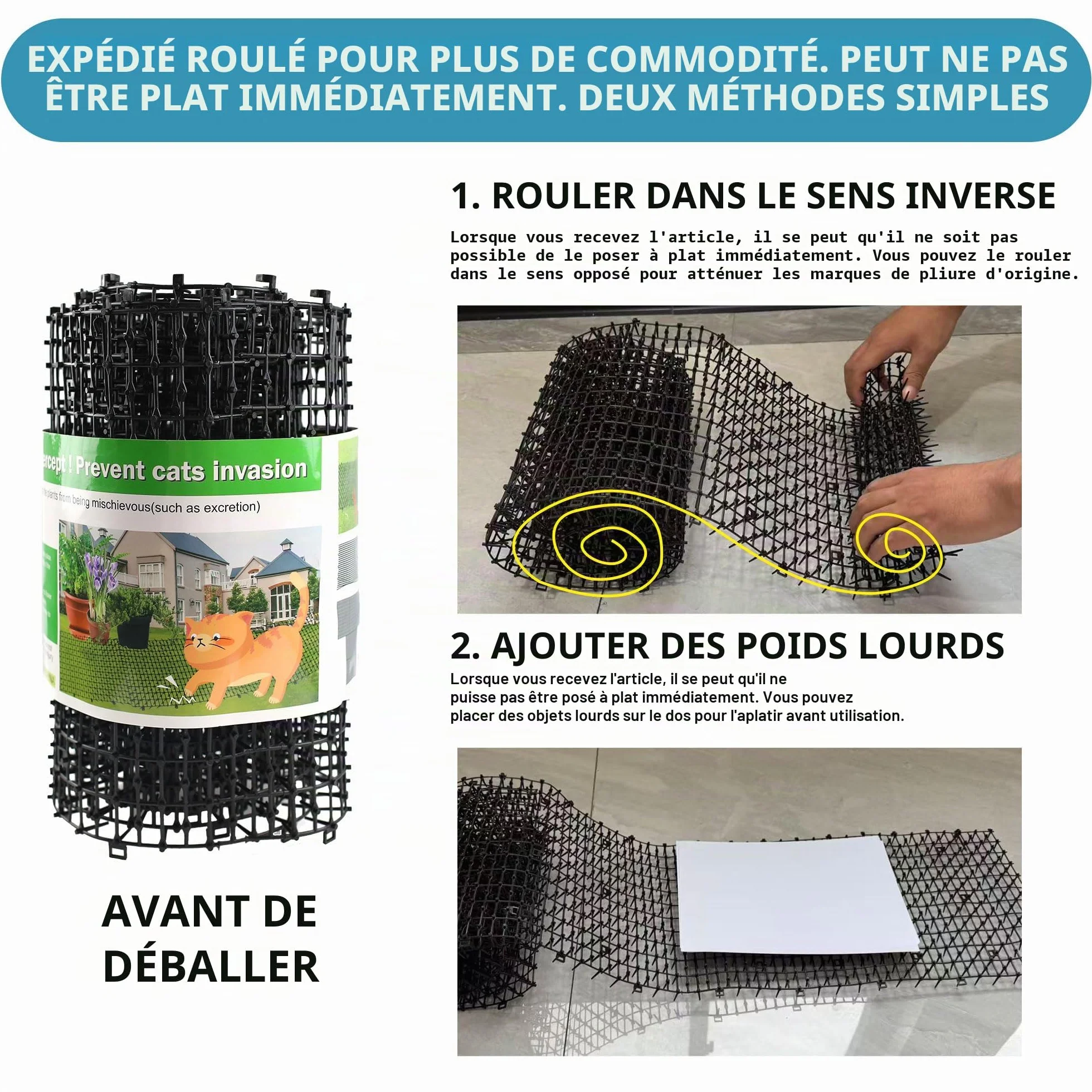 Tapis répulsif pour animaux de compagnie blanc 1,98 m avec piquets de sol et attaches pour jardin
