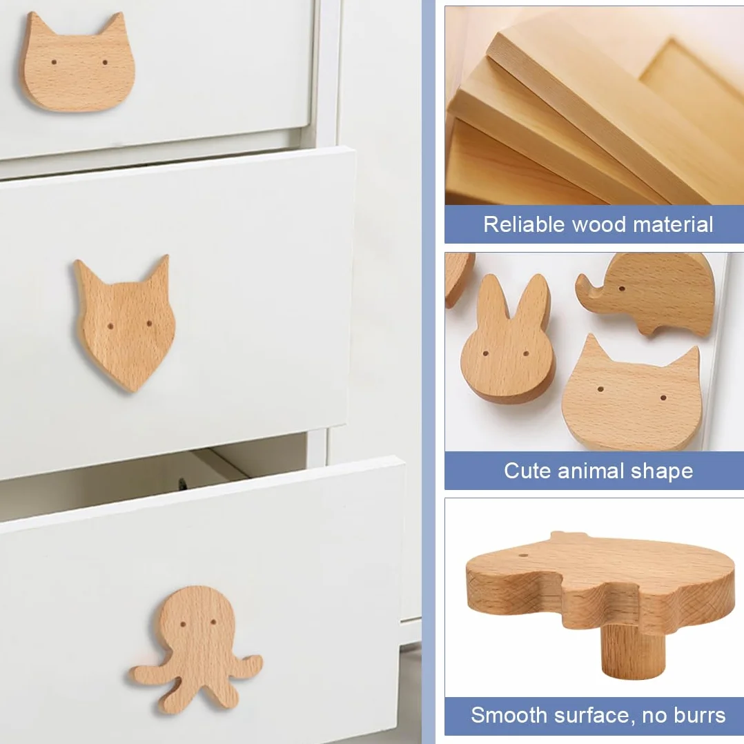 Poignées de tiroir en bois Lot de 12 boutons de placard forme animale Lapin Lion Renard Chat pour meubles cuisine