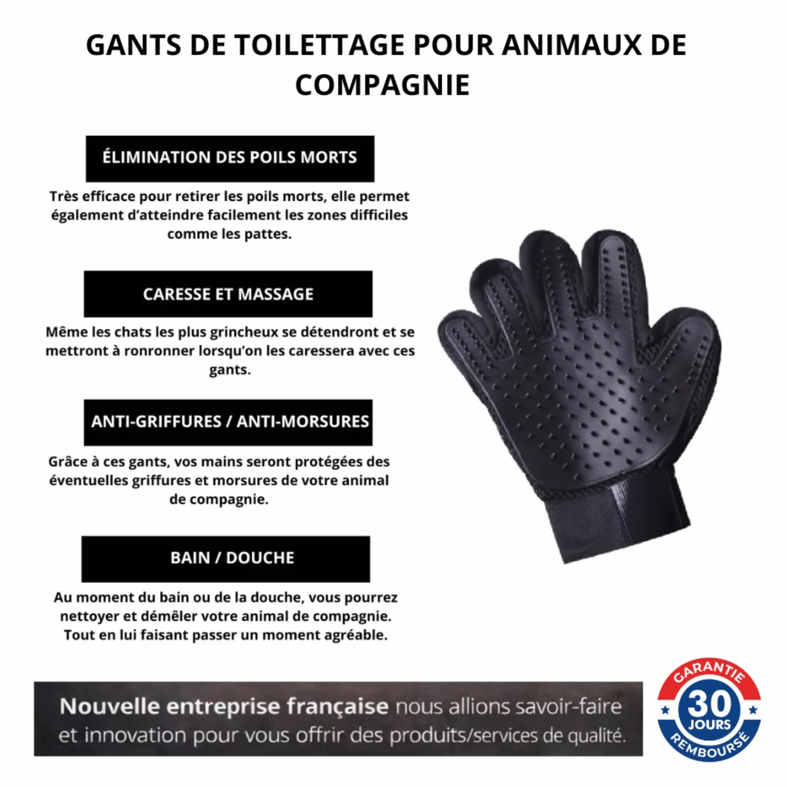 Gants de Toilettage Ajustables pour Animaux 4 en 1 Silicone Doux pour Chien Chat Lapin Brossage Massage Bain Retrait des Poils (Noir)