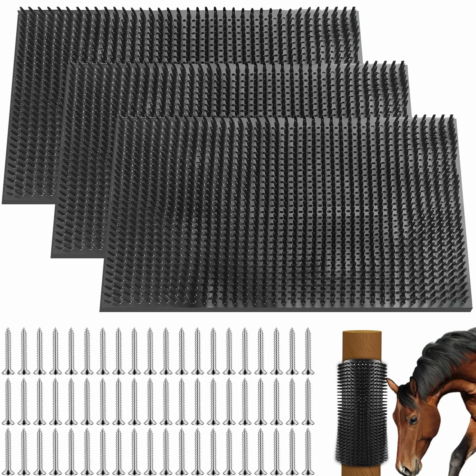 Lot de 3 brosses à gratter pour chevaux 360x300 mm 60 piquets kit complet noir